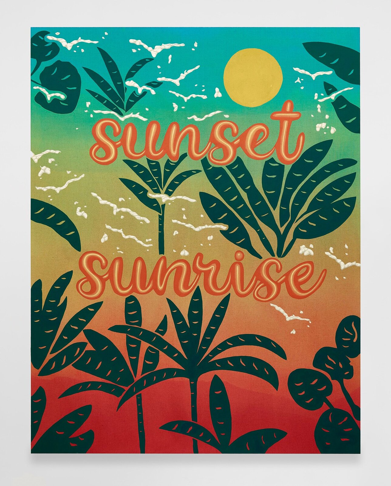 A tropical graphic print featuring stylized palm leaves and the words 'sunset' and 'sunrise' against a gradient sky.
