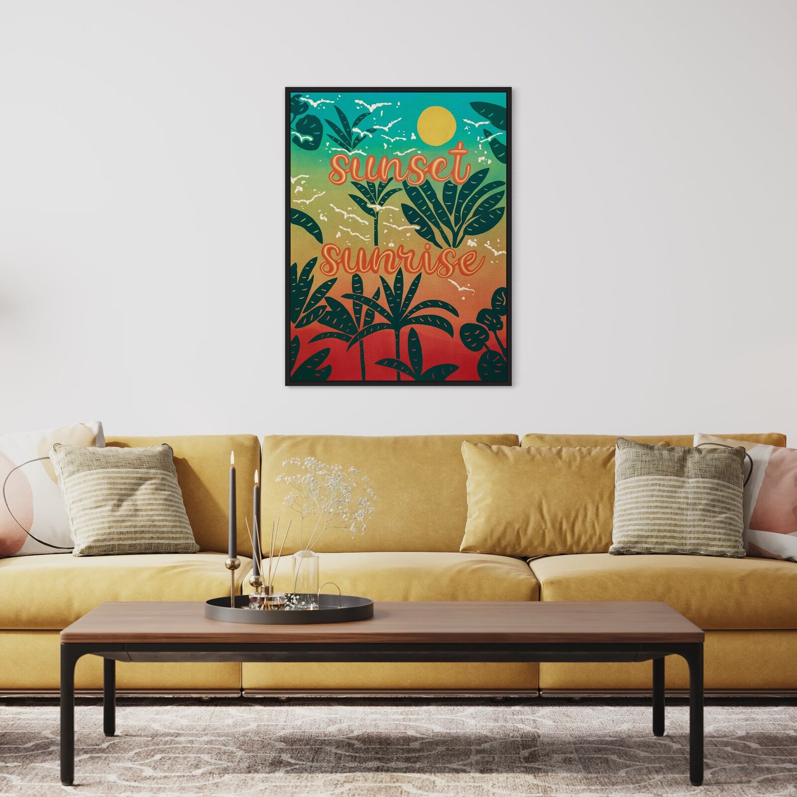 A tropical graphic print featuring stylized palm leaves and the words 'sunset' and 'sunrise' against a gradient sky.