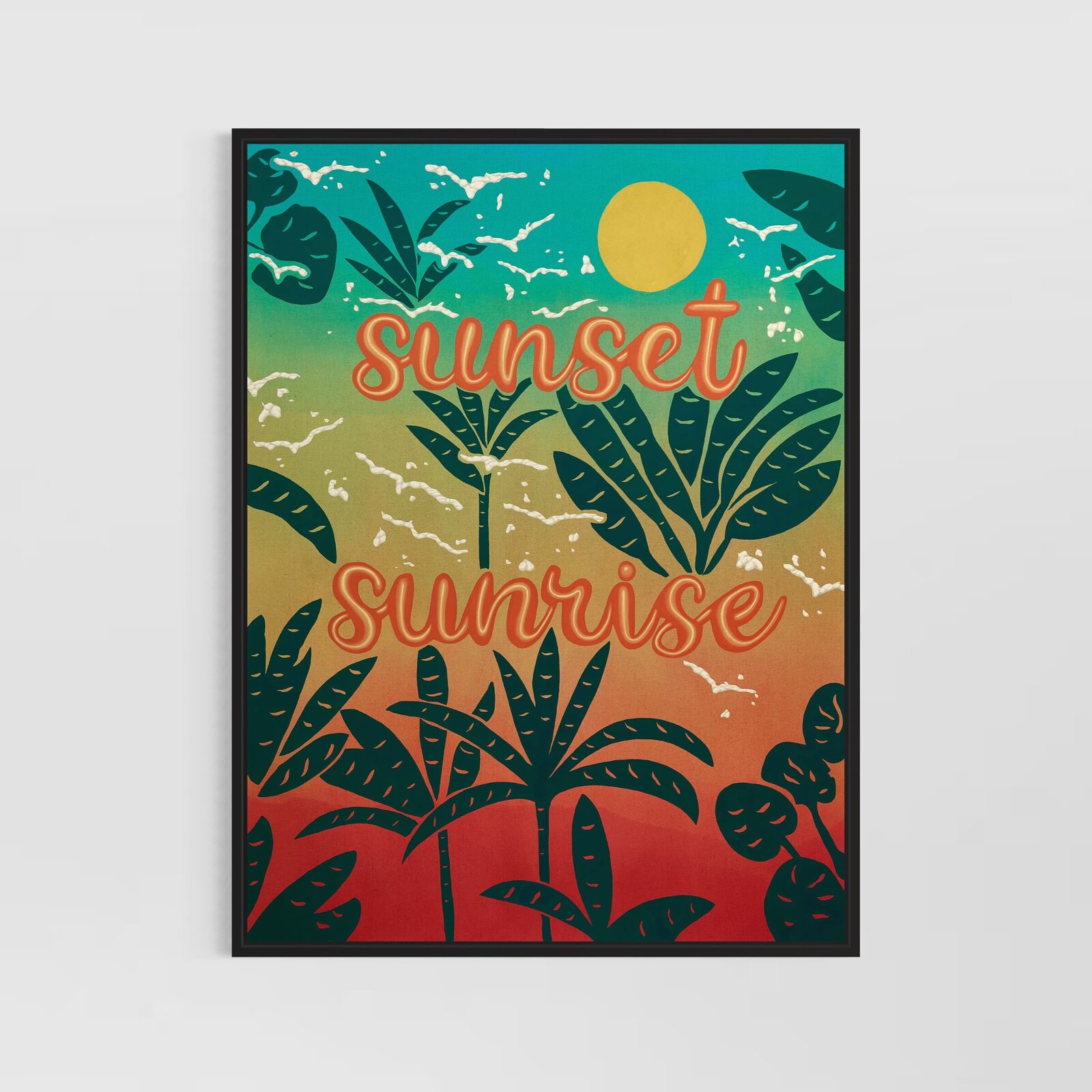 A tropical graphic print featuring stylized palm leaves and the words 'sunset' and 'sunrise' against a gradient sky.