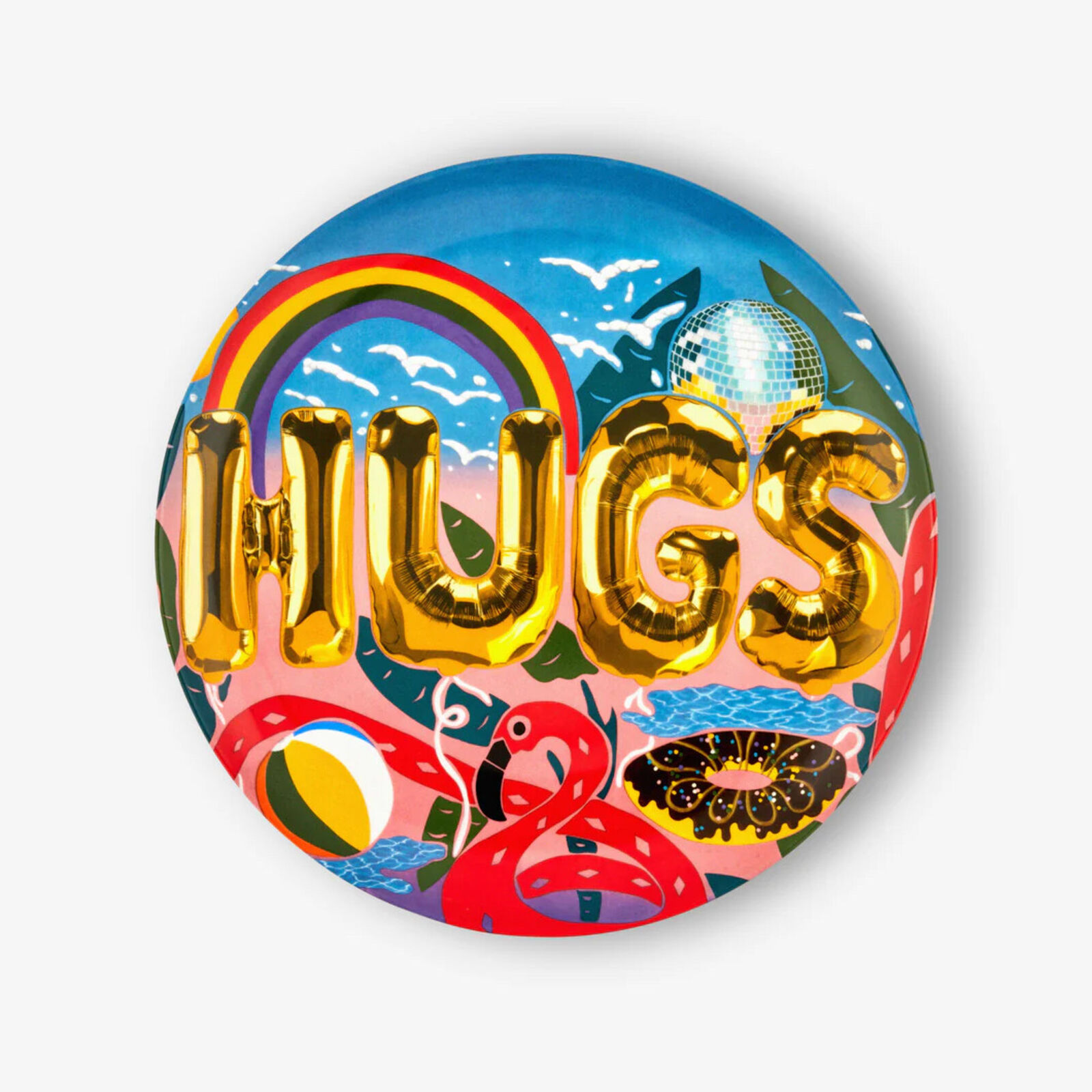 A button with the word HUGS on it. 