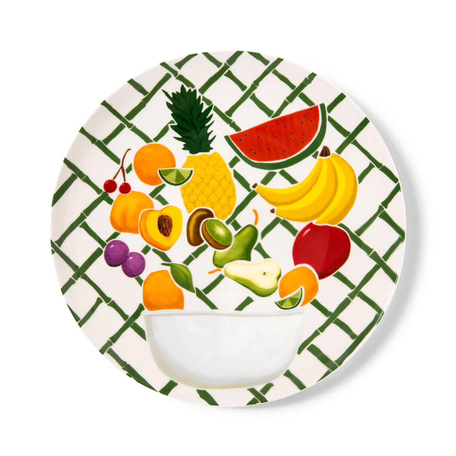 A white plate with a bowl of fruit on it.