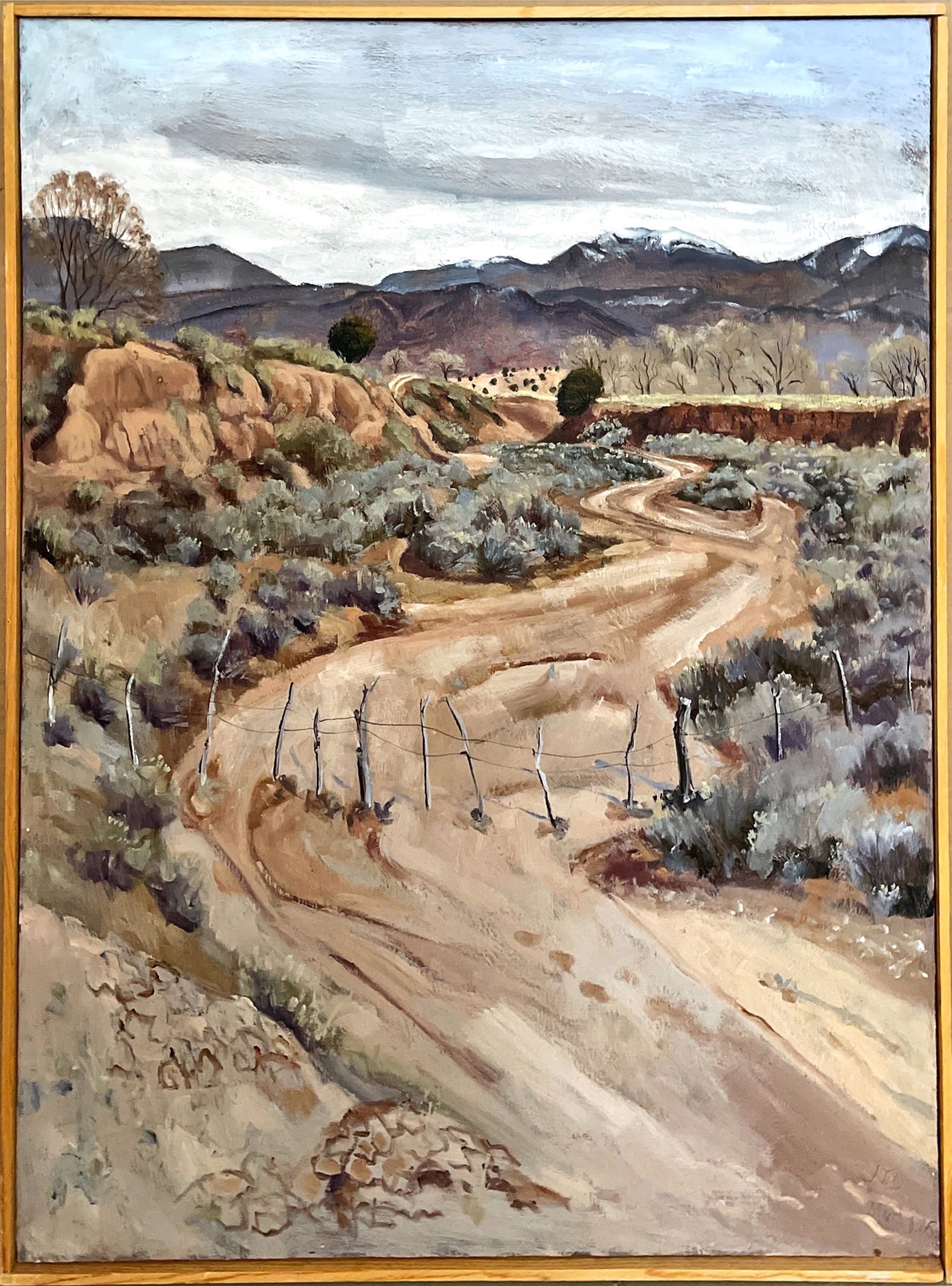 A painting of a dirt road in the desert.