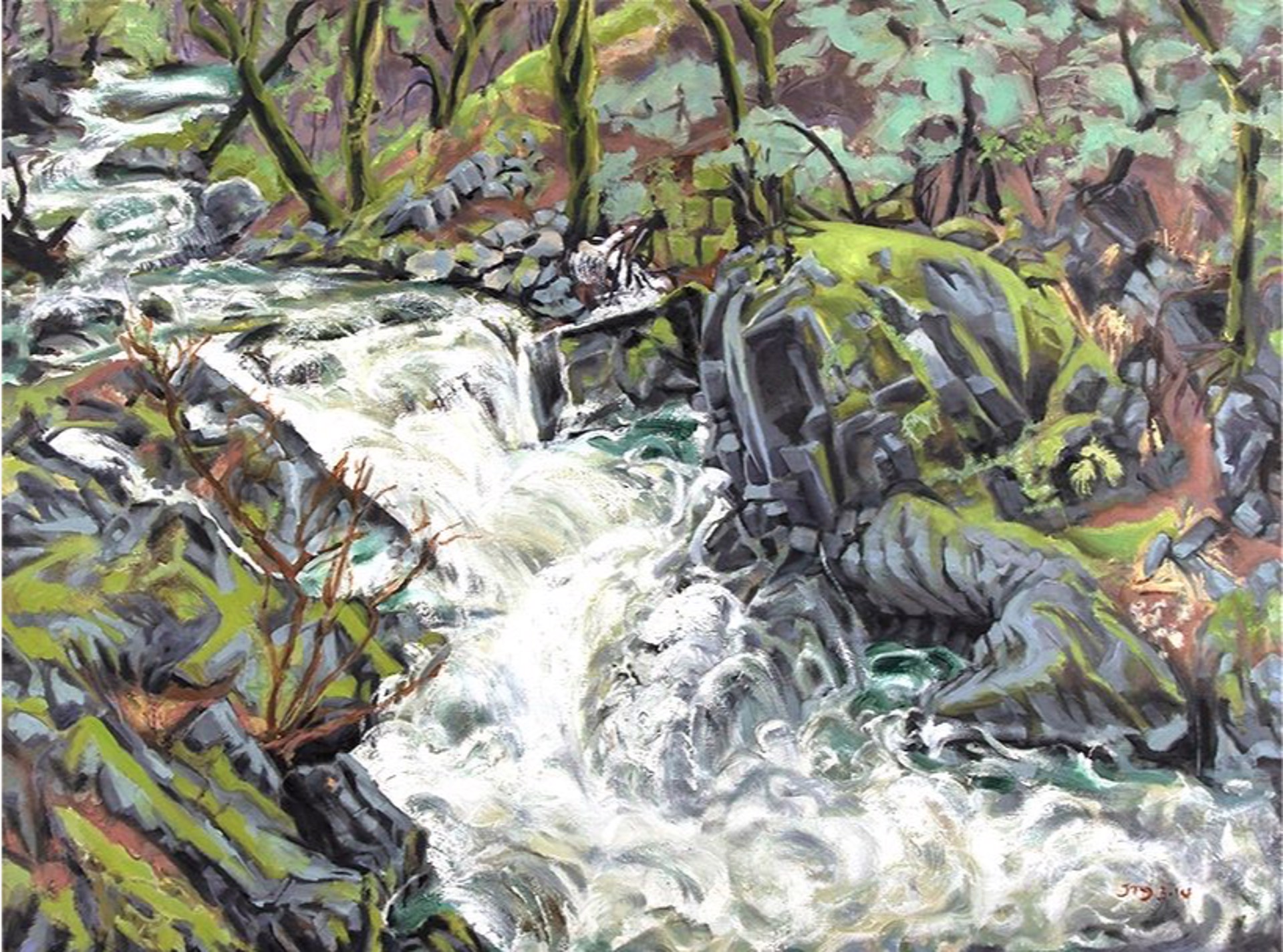 A vibrant landscape painting of a rushing stream flowing through a mossy forest.
