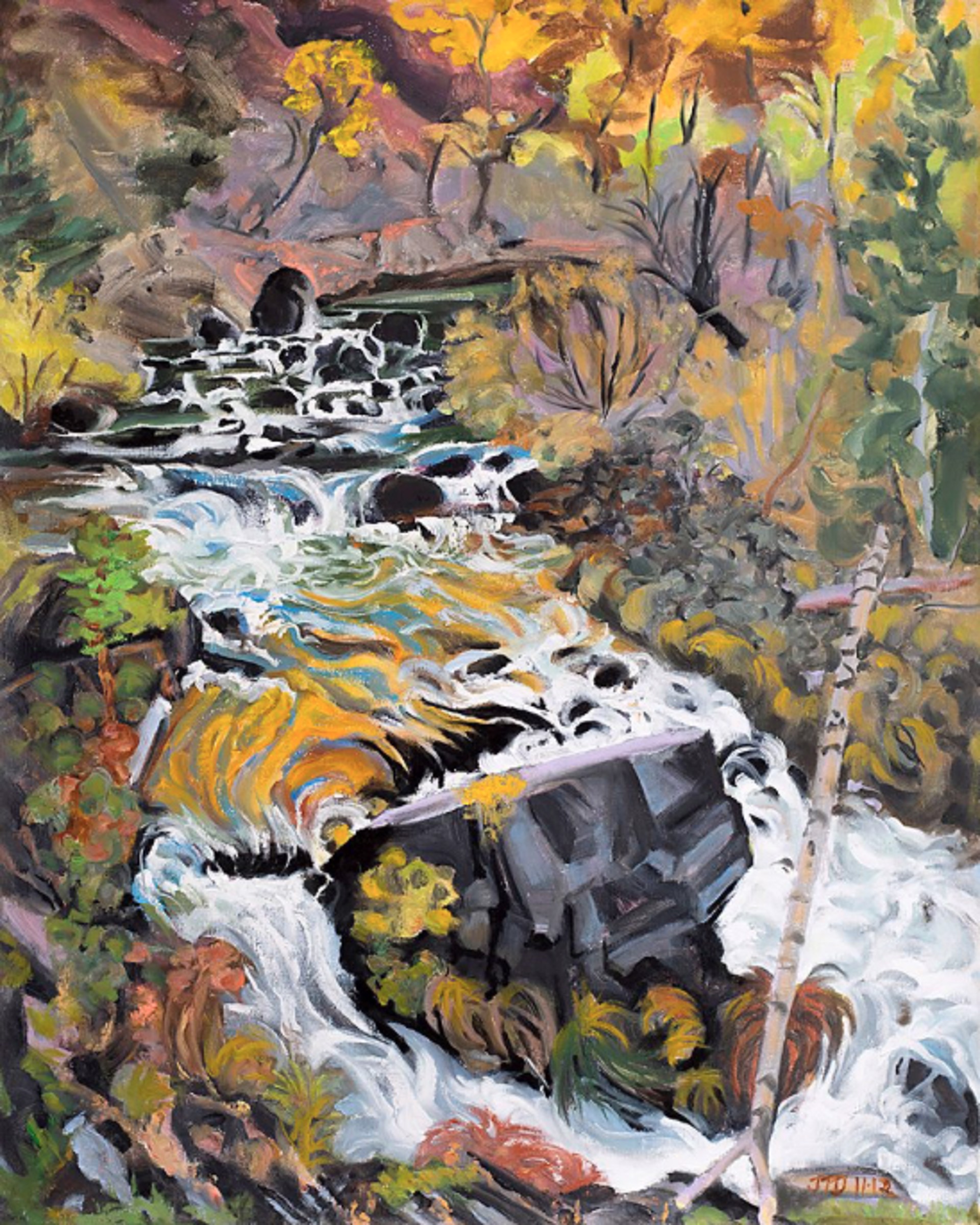 A painting of a waterfall in the woods. 