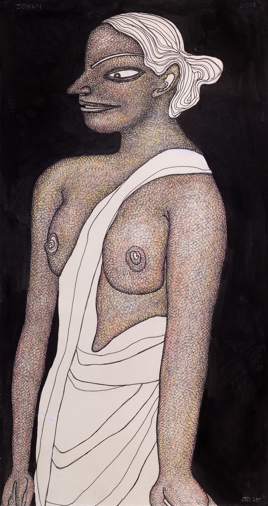 A drawing of a woman in a white dress.