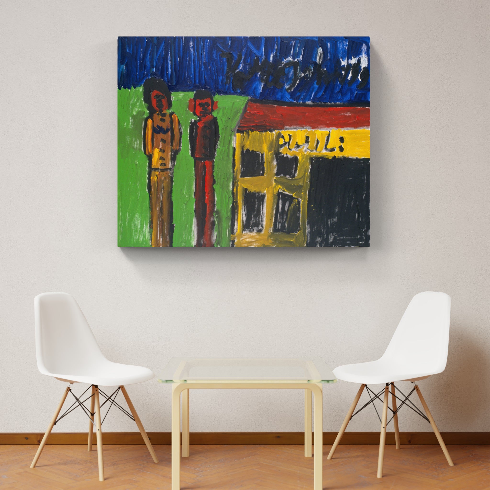 Artwork by Johann Korec, Lovers in front of the hotel, Made of Acrylic on canvas 