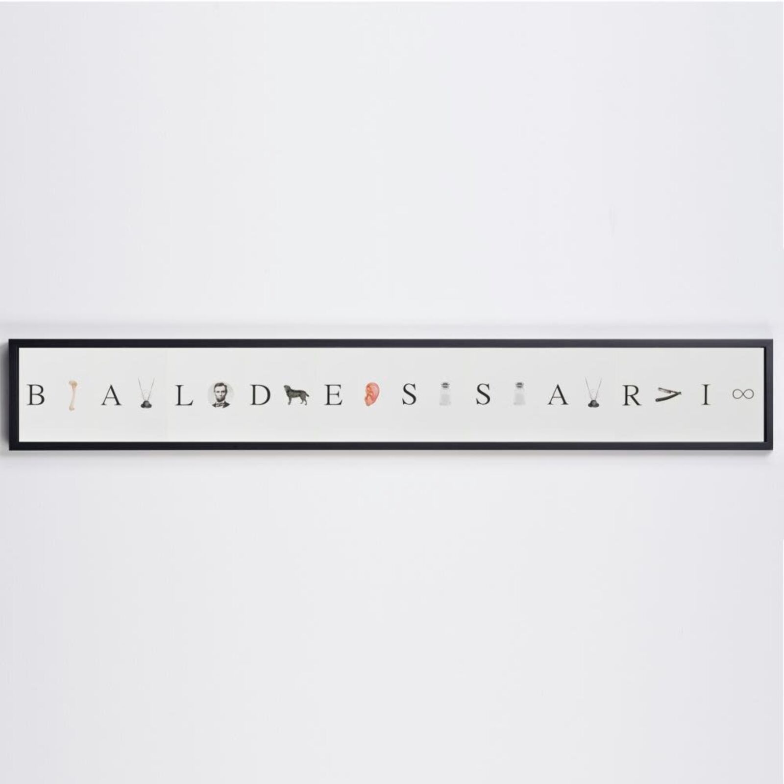 A minimalist framed artwork featuring a horizontal row of letters interspersed with small, varied icons against a plain background.