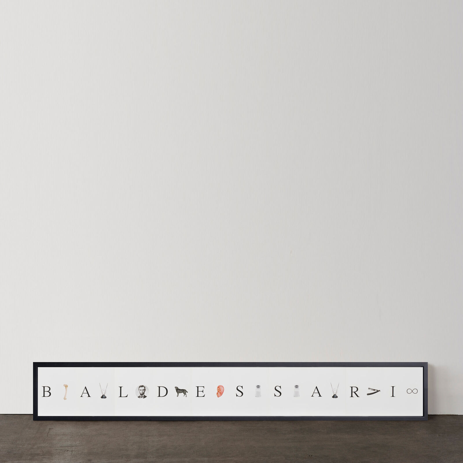 A minimalist framed artwork featuring a horizontal row of letters interspersed with small, varied icons against a plain background.