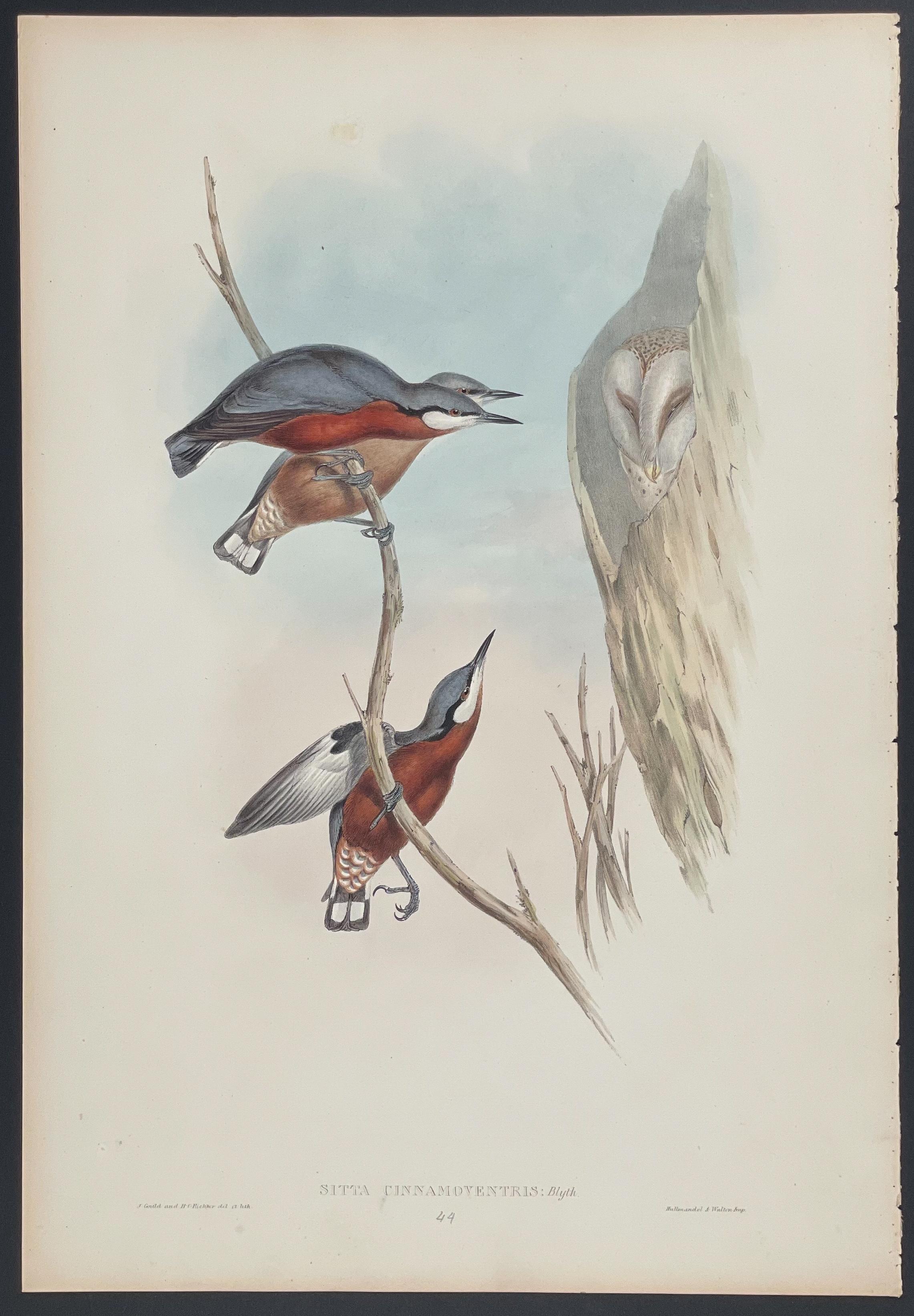 A painting of two birds sitting on a tree branch.