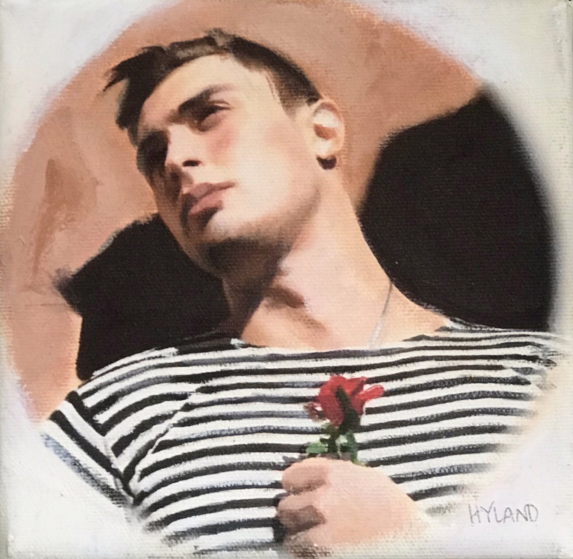 A painting of a man holding a rose in his hand.