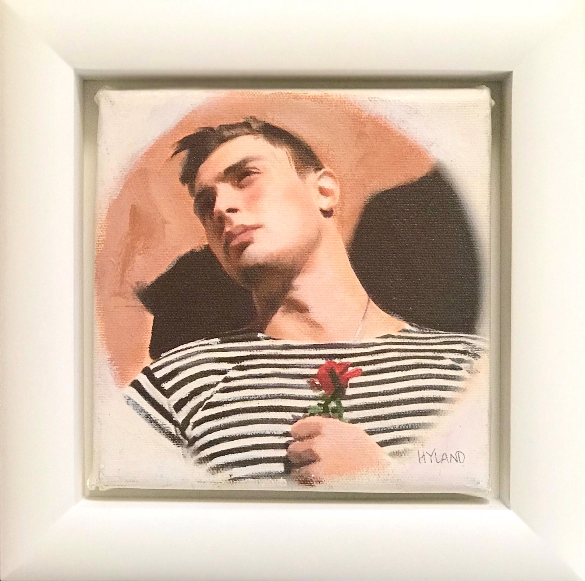 A painting of a man holding a rose in his hand.