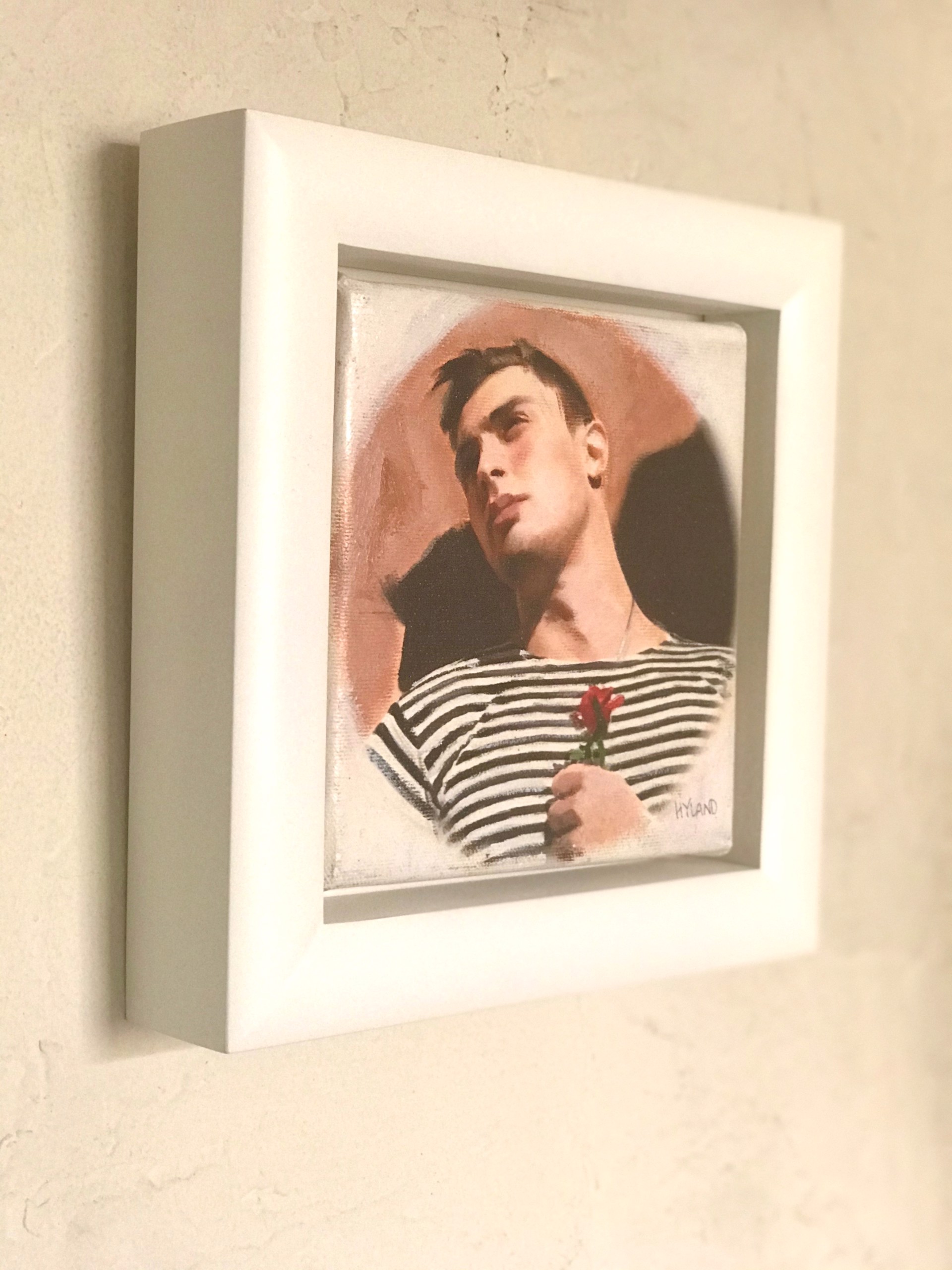 A painting of a man holding a rose in his hand.