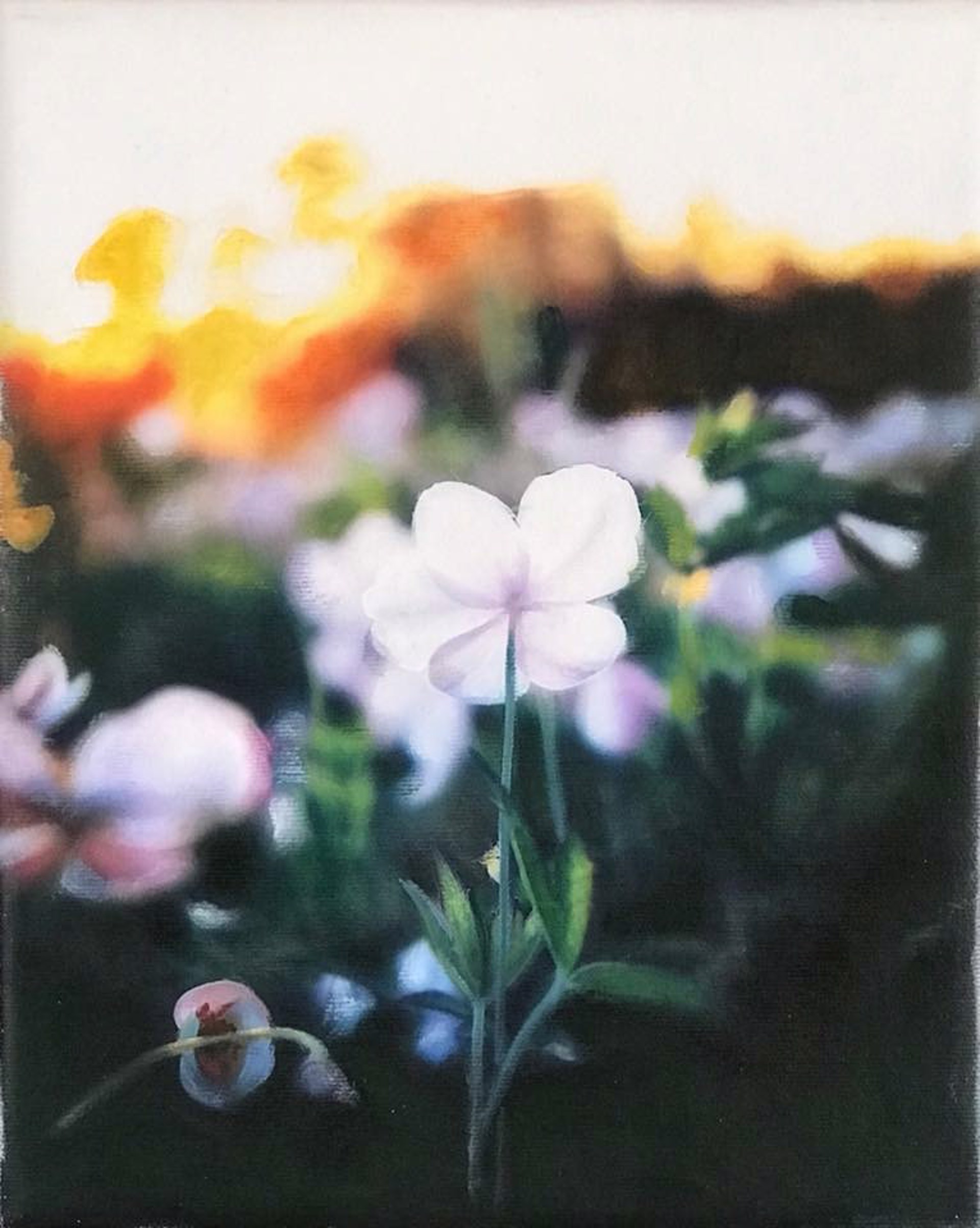 A painting of a white flower in a field of flowers.