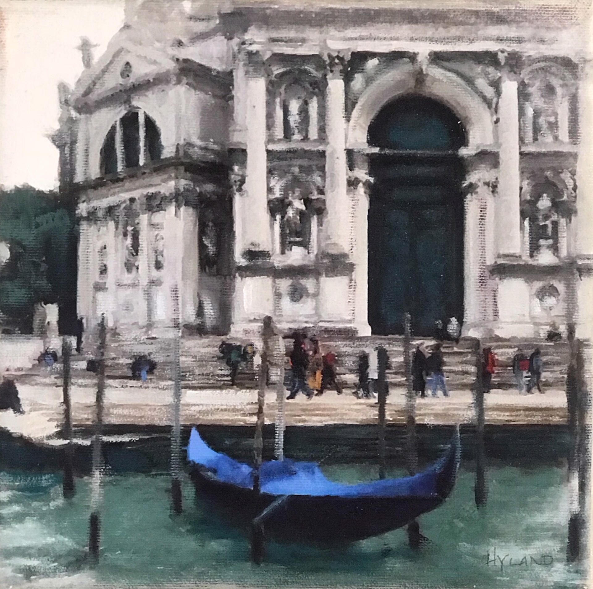A watercolor painting of a canal scene featuring a gondola and an ornate building.