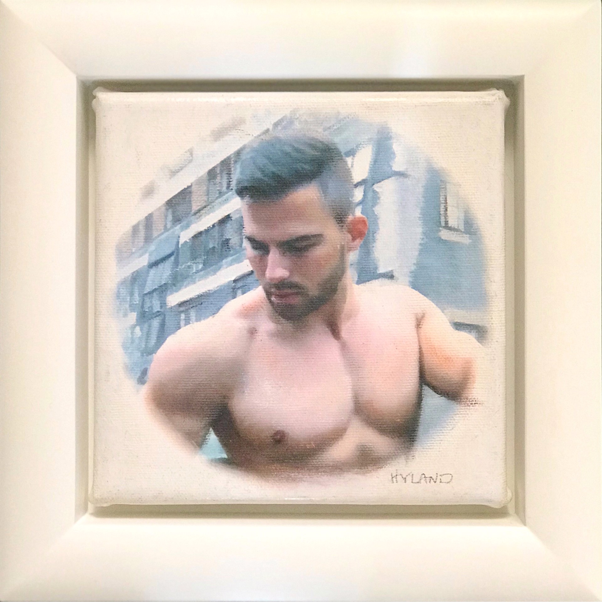 A painting of a shirtless man in front of a building.