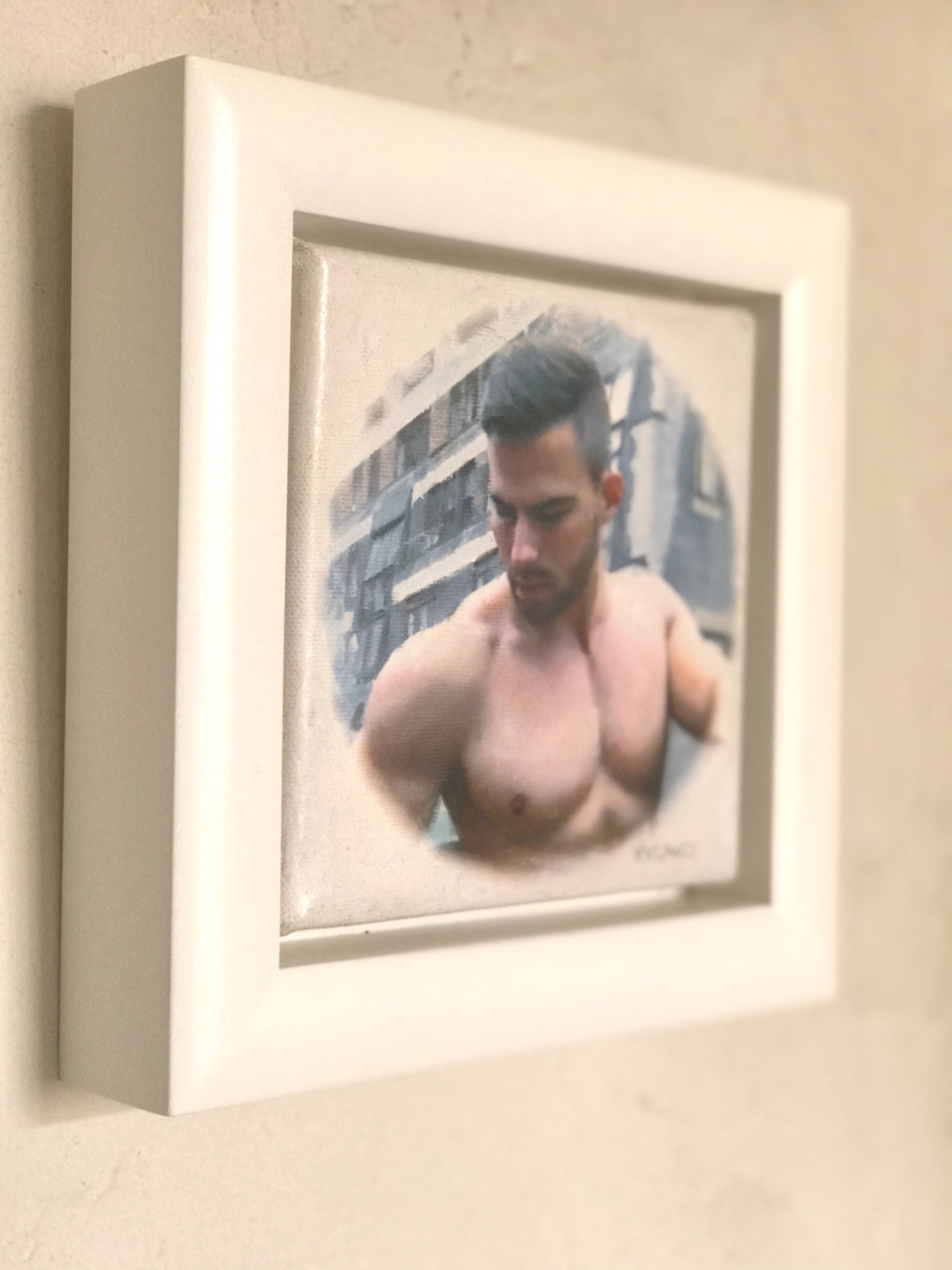 A painting of a shirtless man in front of a building.