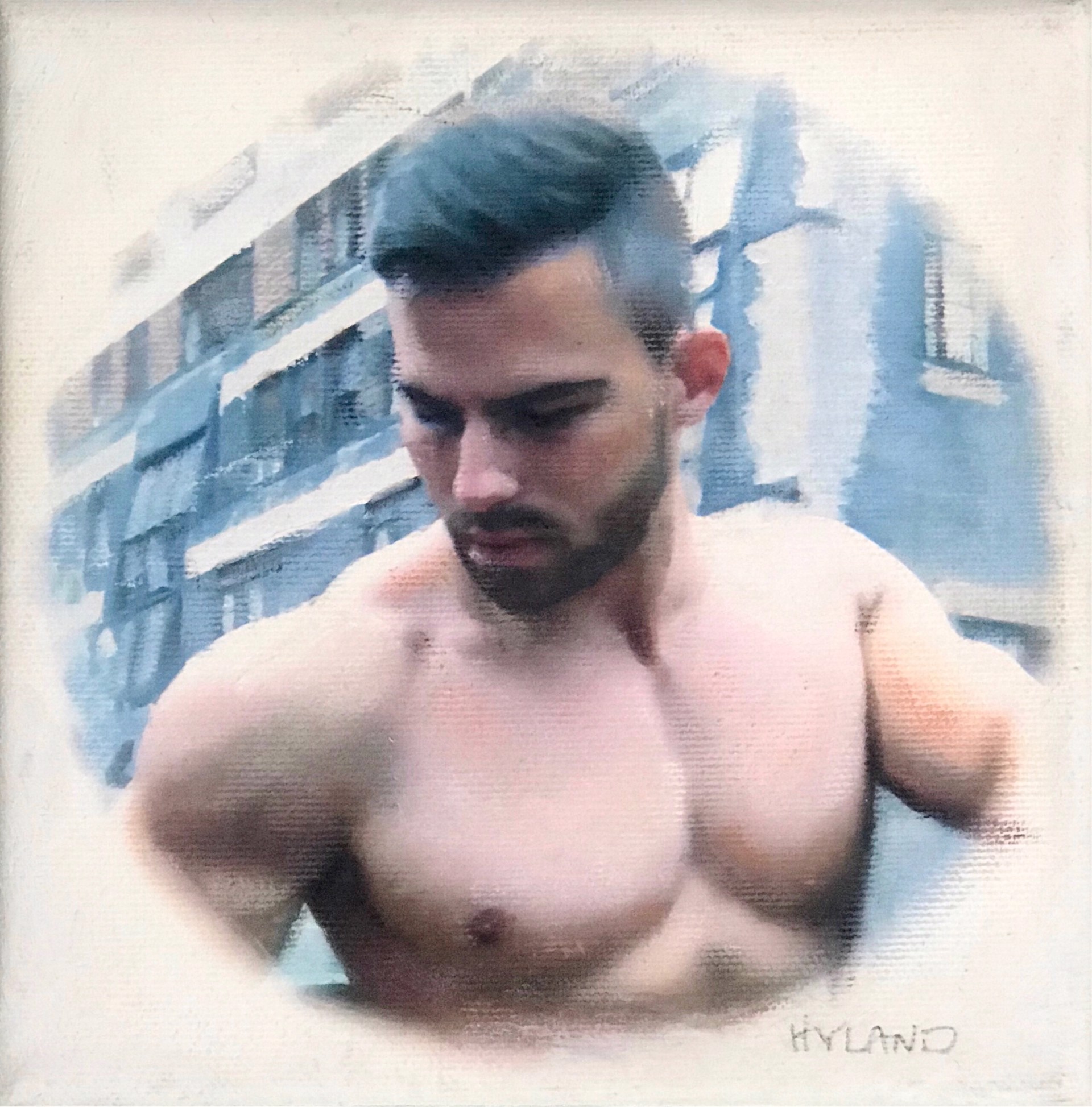A painting of a shirtless man in front of a building.