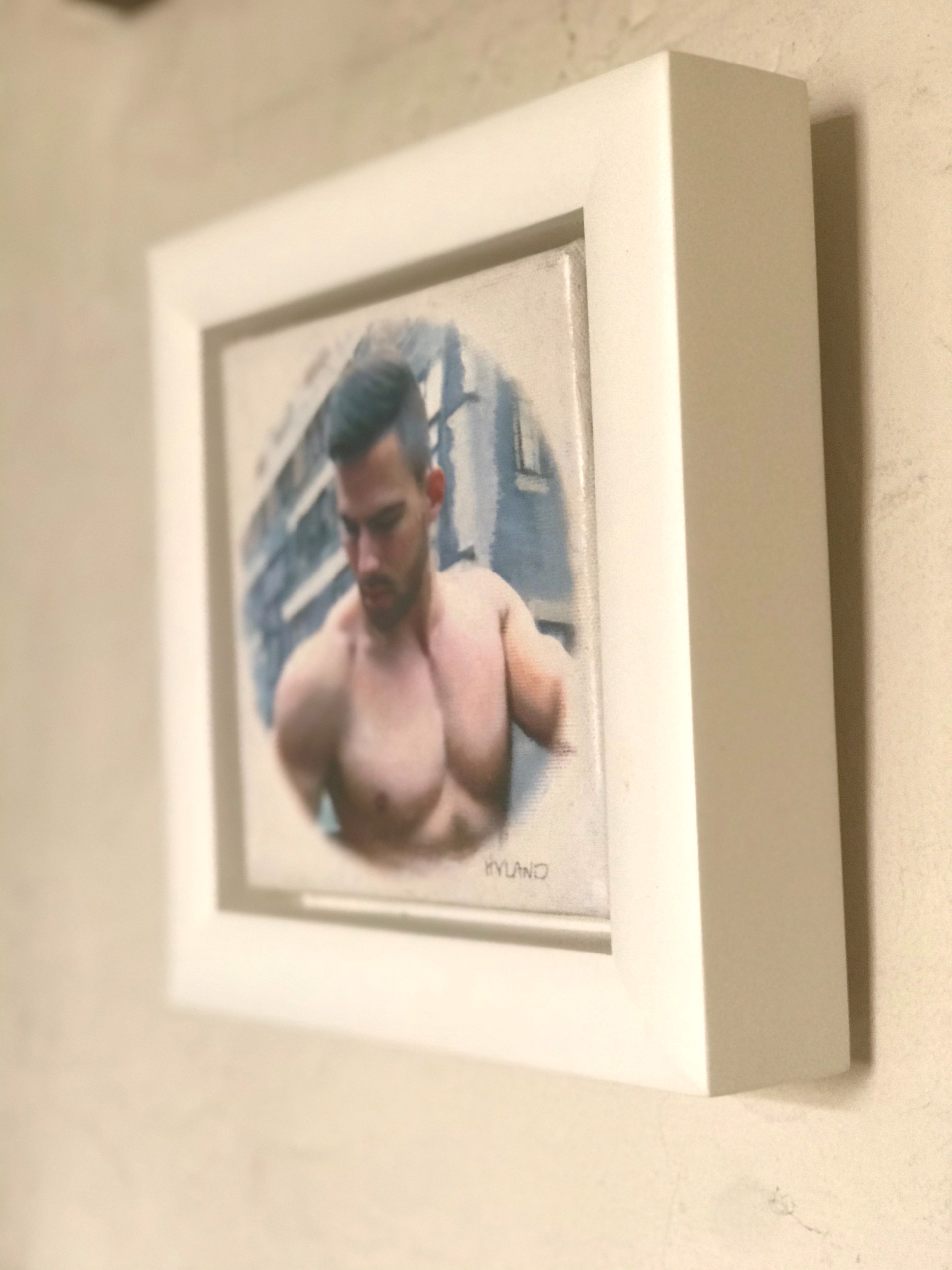 A painting of a shirtless man in front of a building.