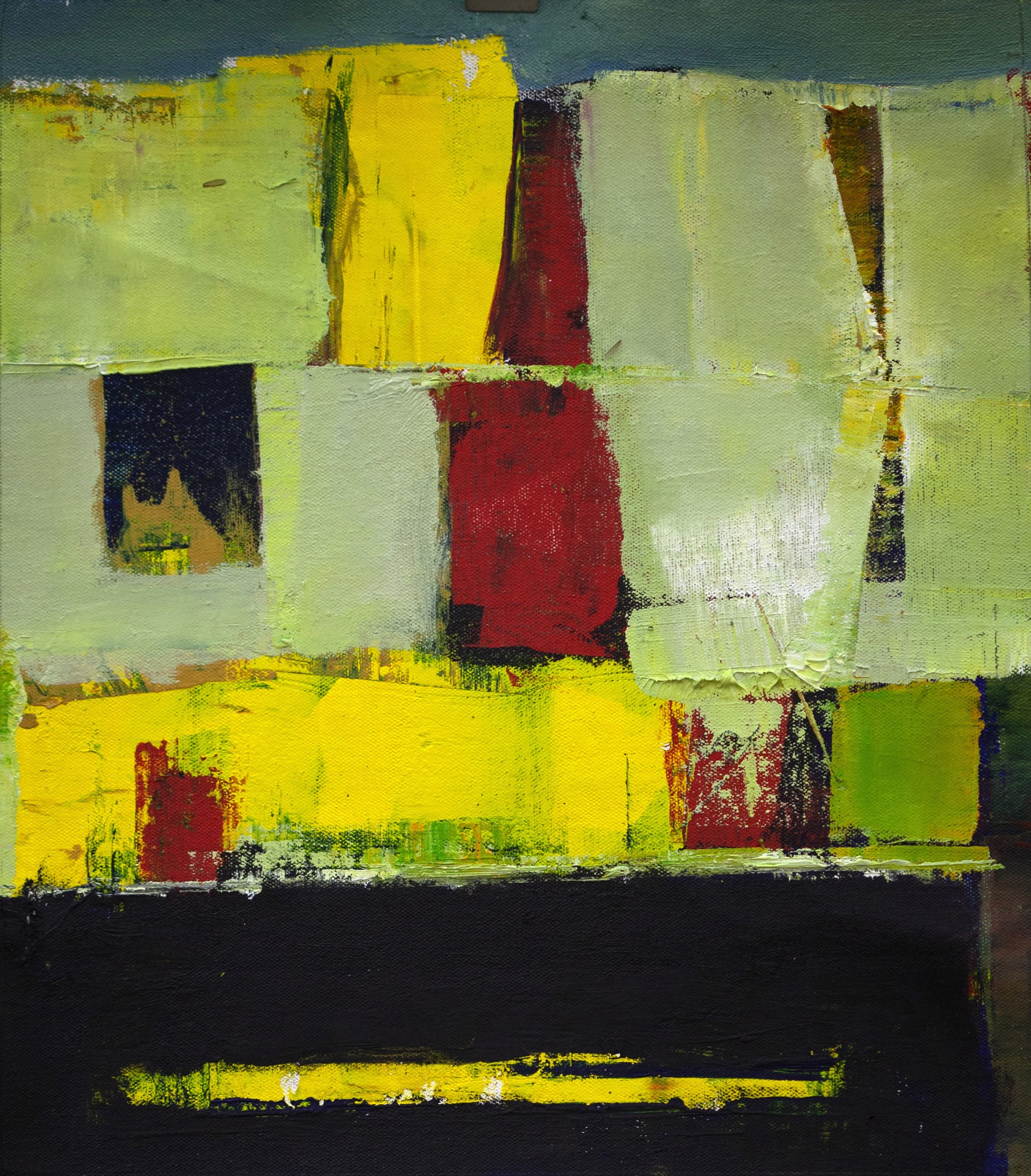 A painting of a yellow, red, and green abstract painting on a wall.