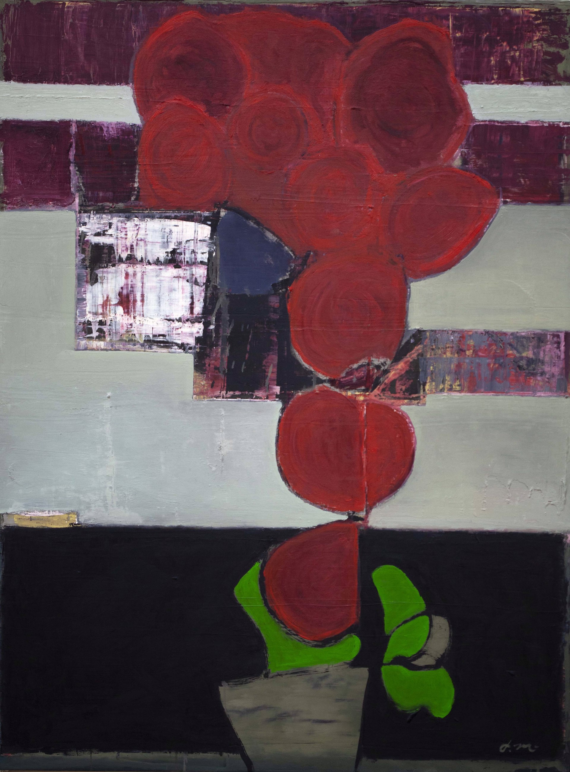 A painting of red roses in a vase on a table.