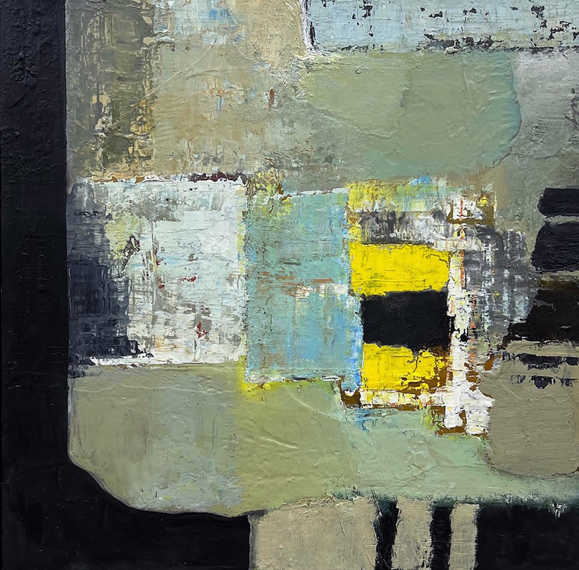 An abstract composition of layered, textured blocks in muted earth tones and a striking yellow accent.