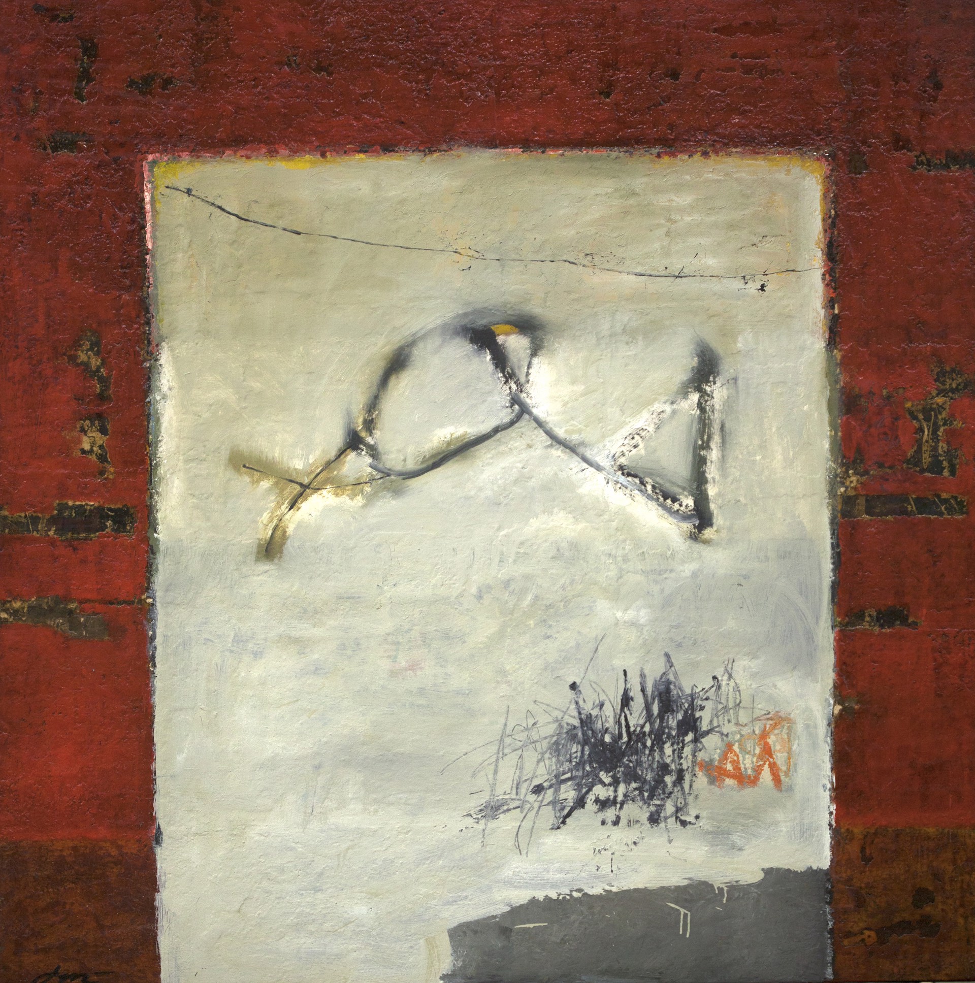 A painting on a brick wall with a red background.
