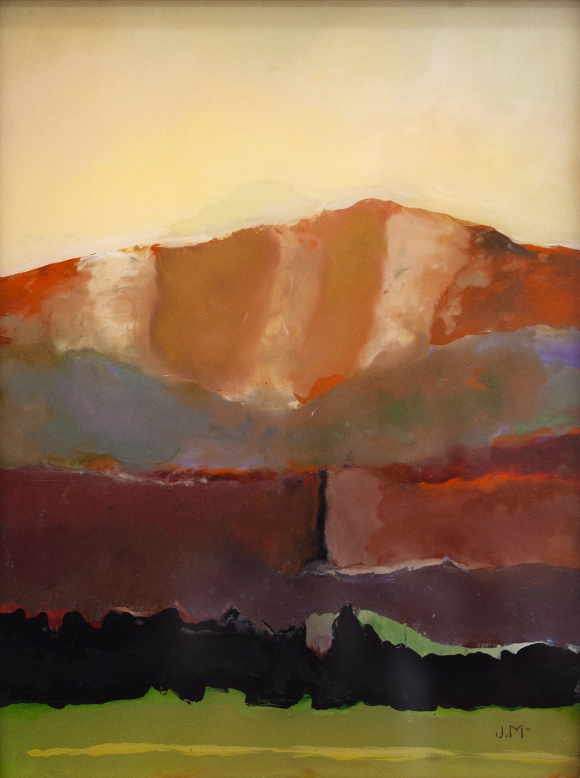 A painting of a mountain with a sunset in the background.