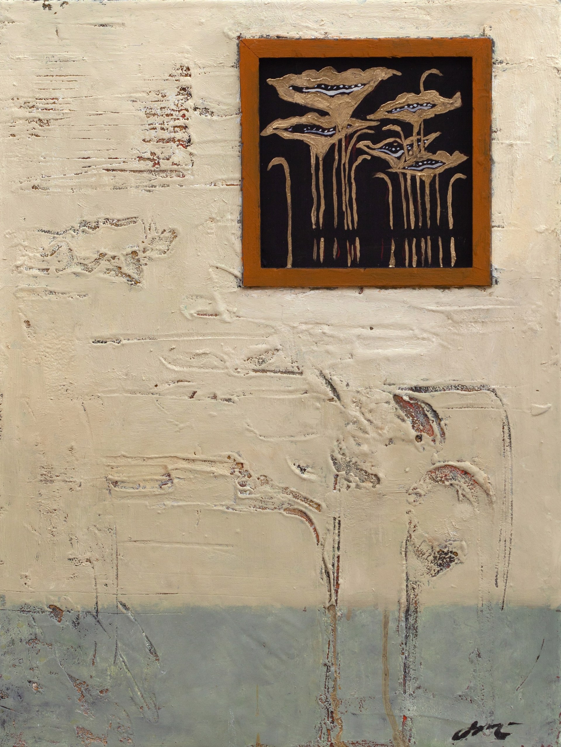 A textured abstract painting featuring a framed floral motif against a weathered wall-like background.