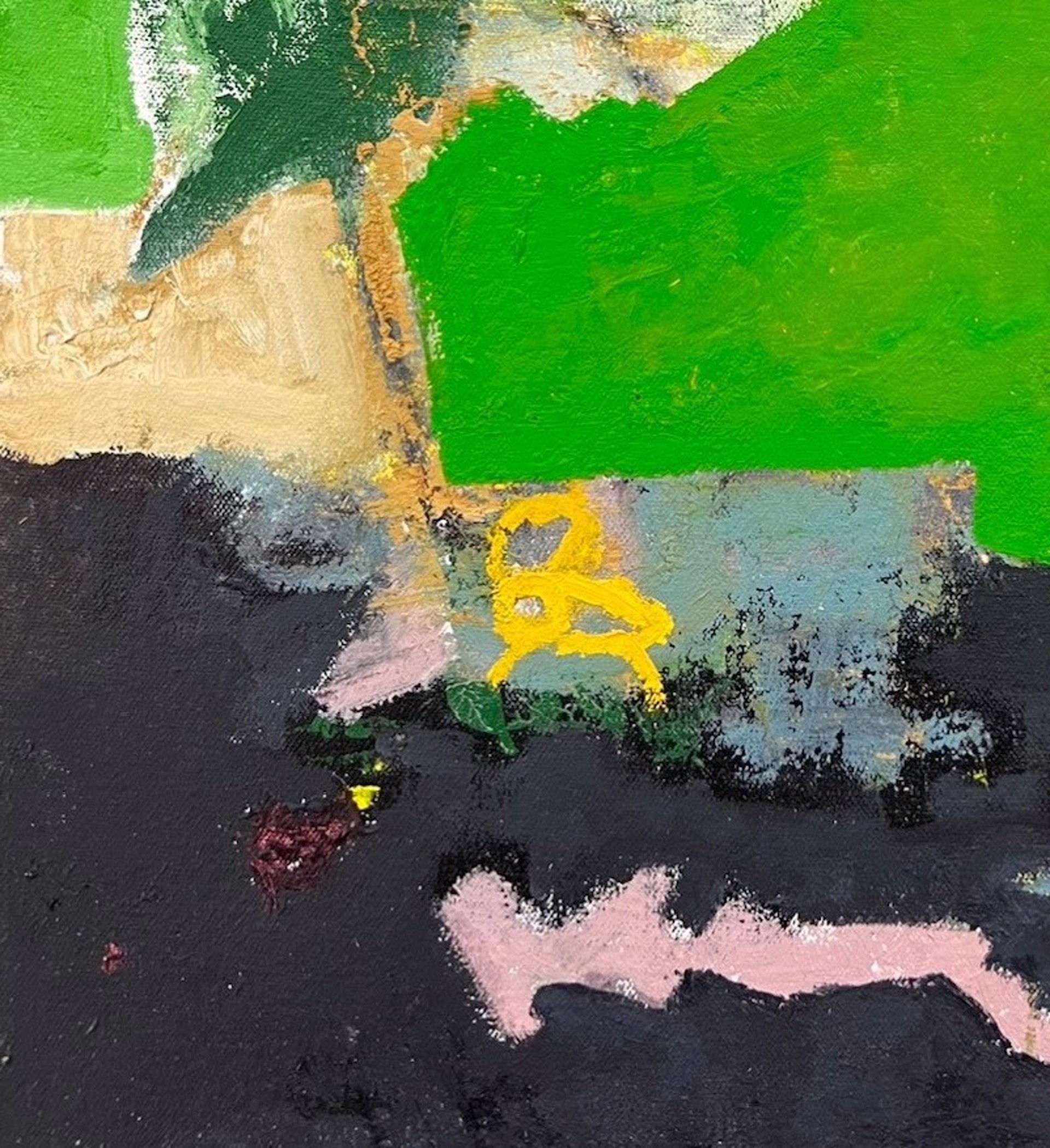 A painting of a green landscape with trees and buildings.