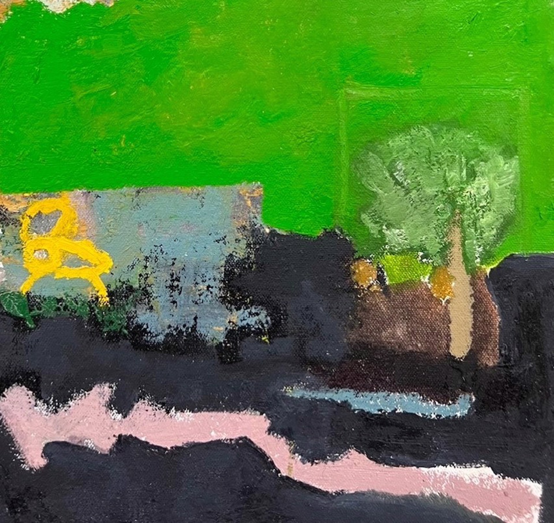 A painting of a green landscape with trees and buildings.