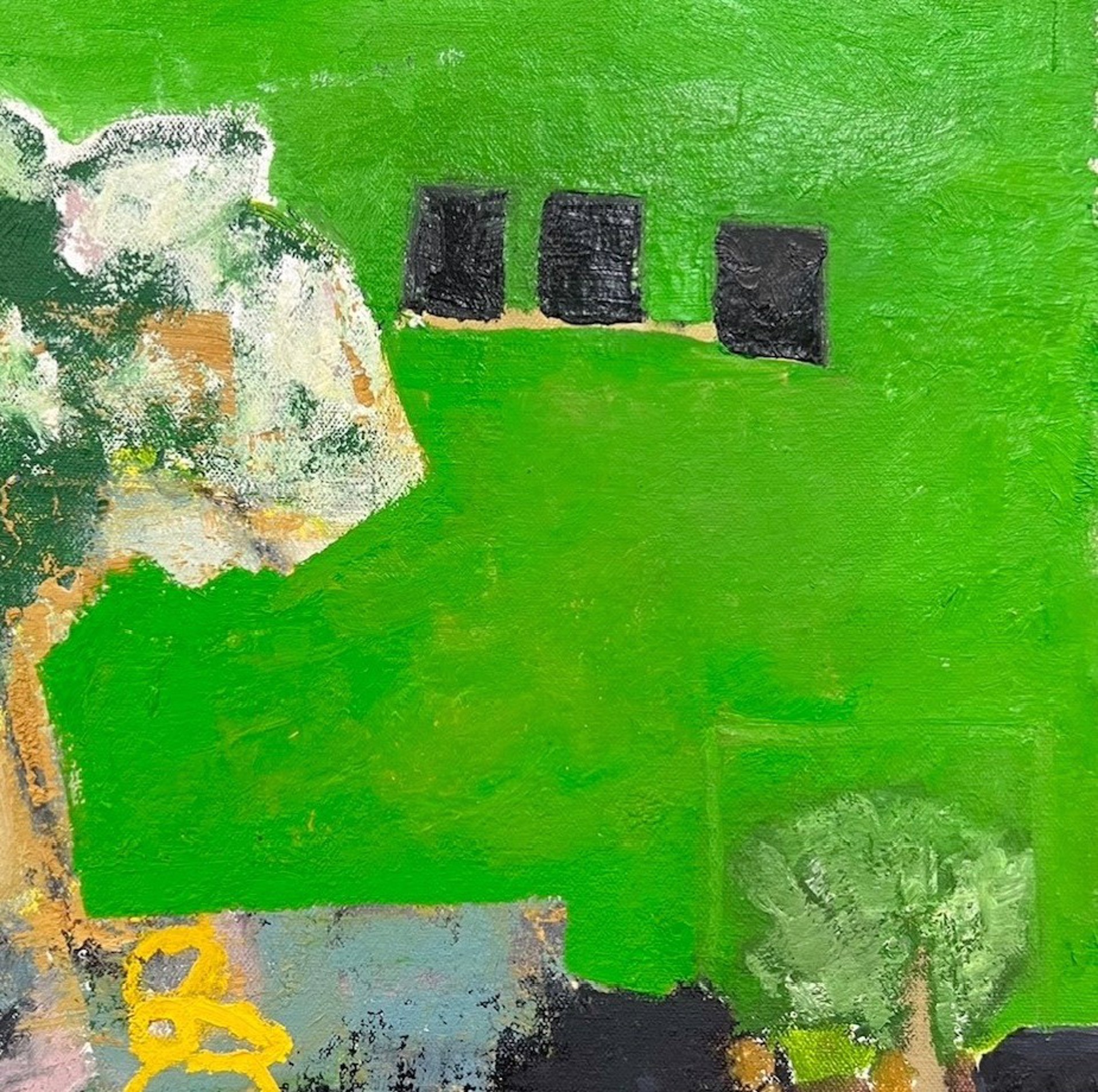 A painting of a green landscape with trees and buildings.