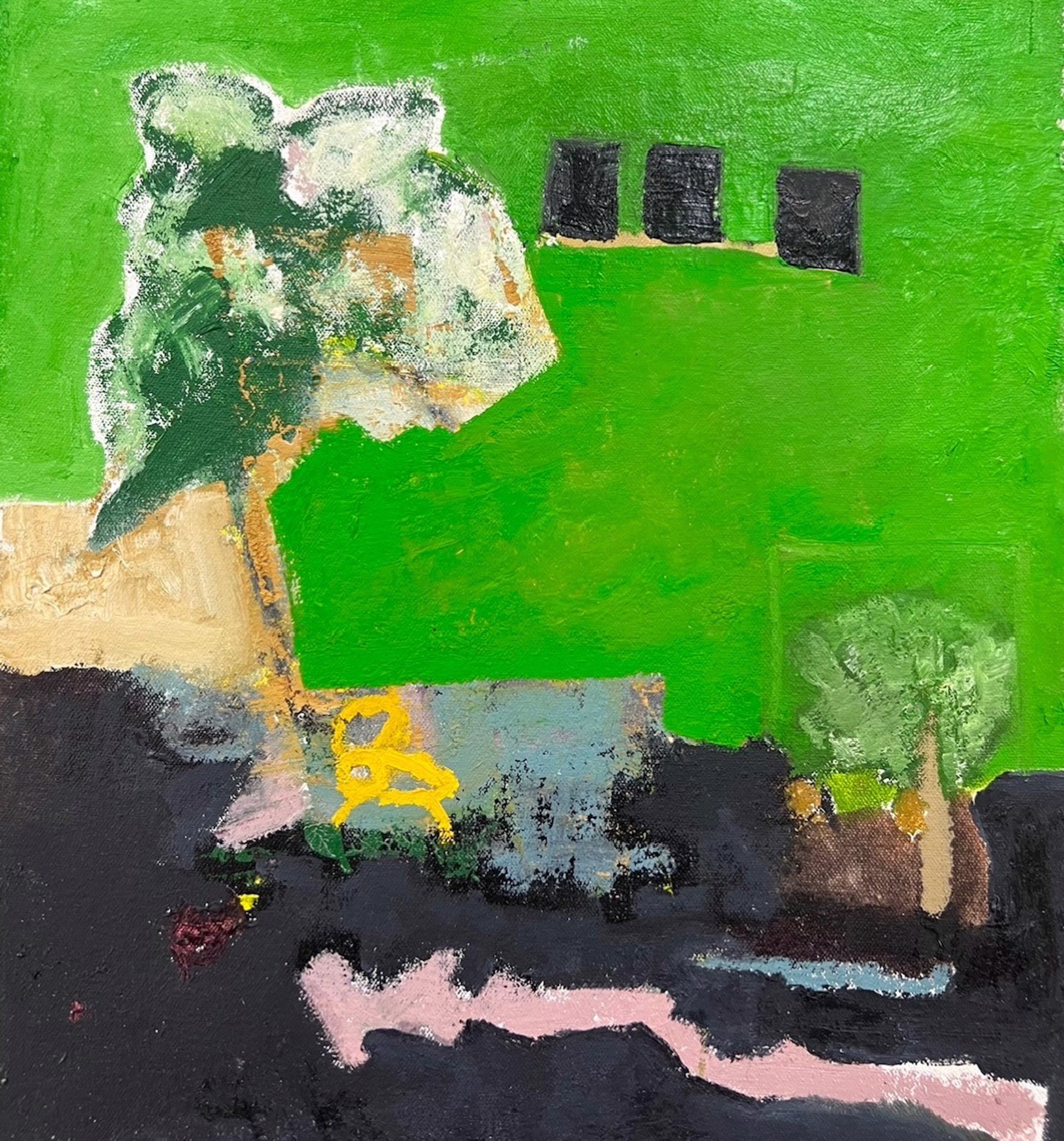 A painting of a green landscape with trees and buildings.
