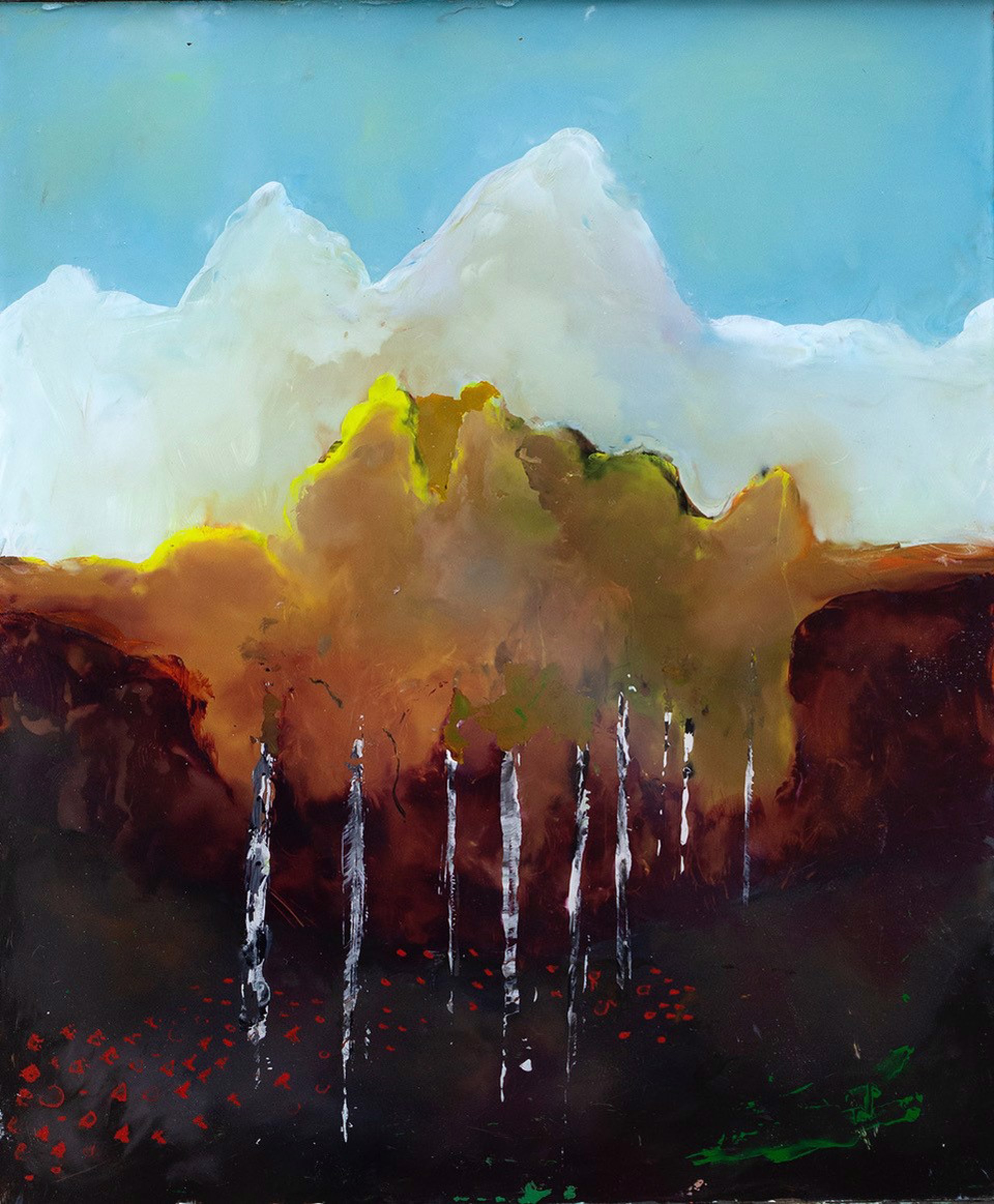 A painting of a mountain range with trees in the foreground.