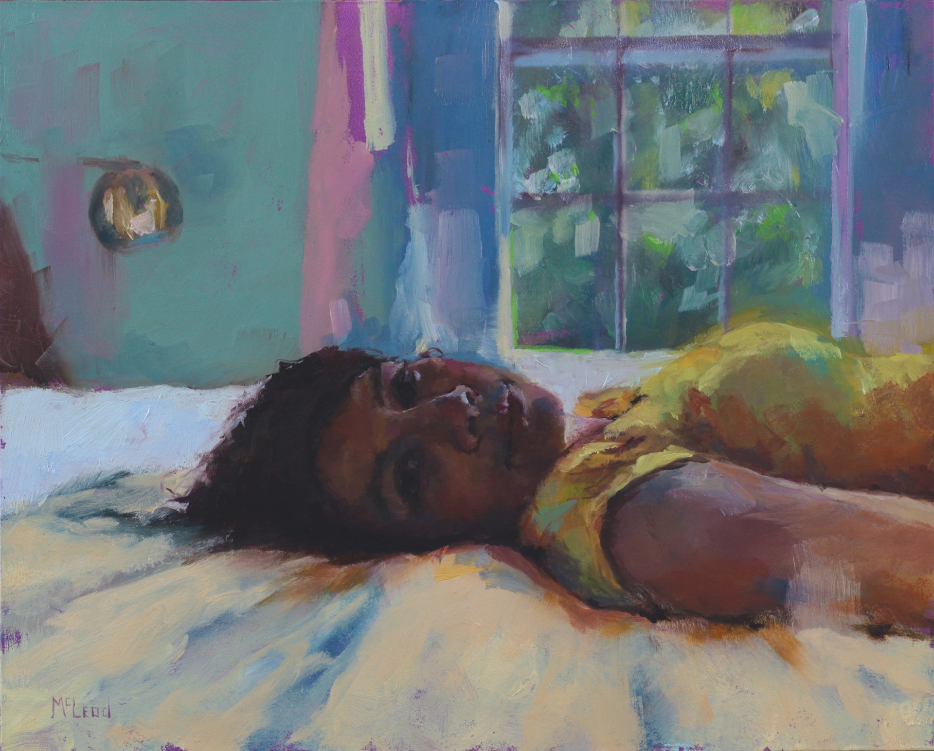 A painting of a woman laying on a bed.