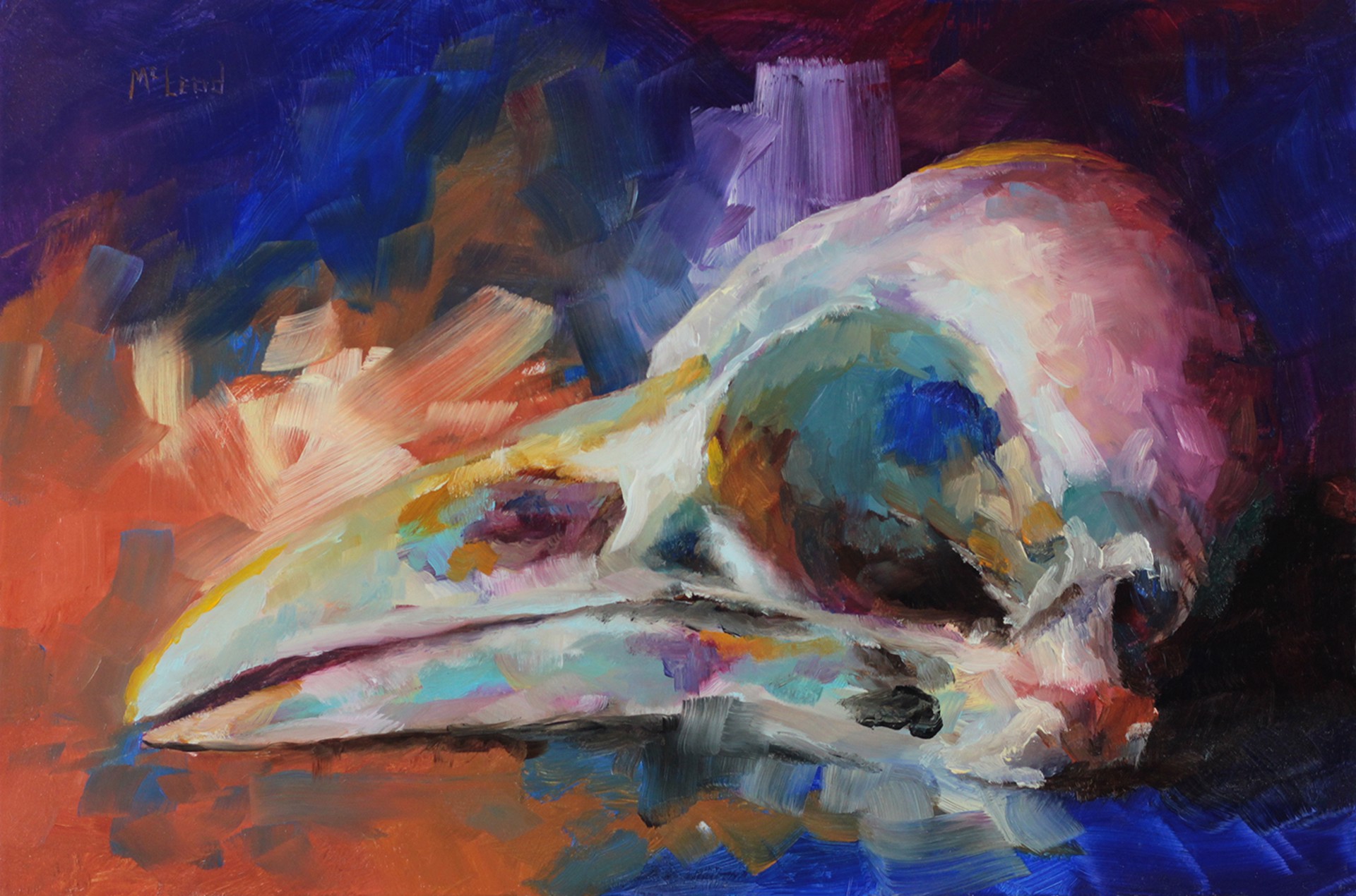 A painting of a bird skull on a colorful background.