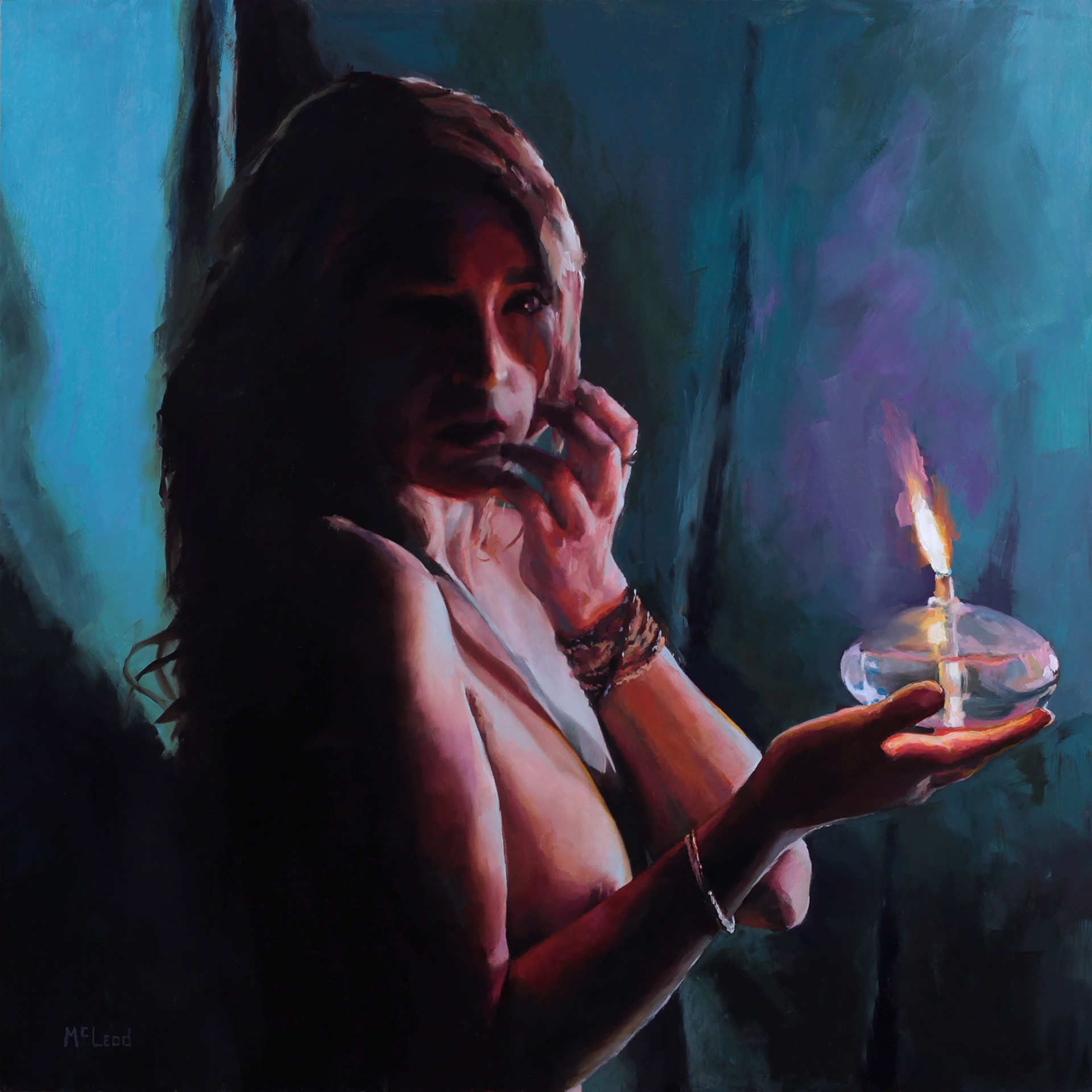 A contemplative figure holding a lit candle in a moody, teal-toned painting.