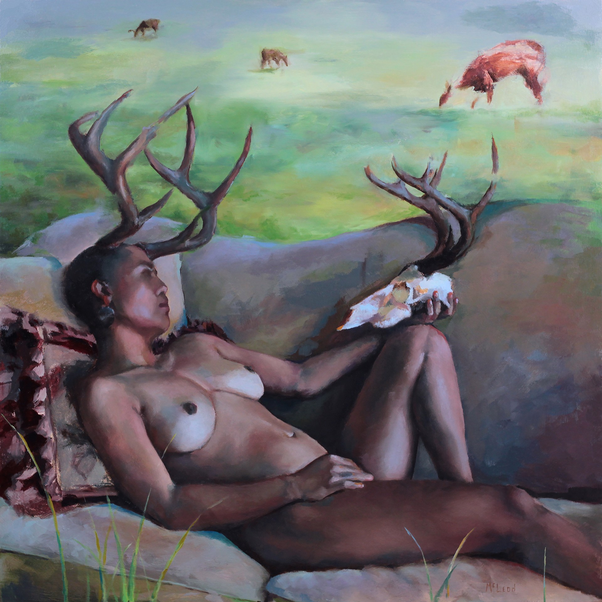 A reclining figure with antlers and a skull, set against a pastoral landscape.