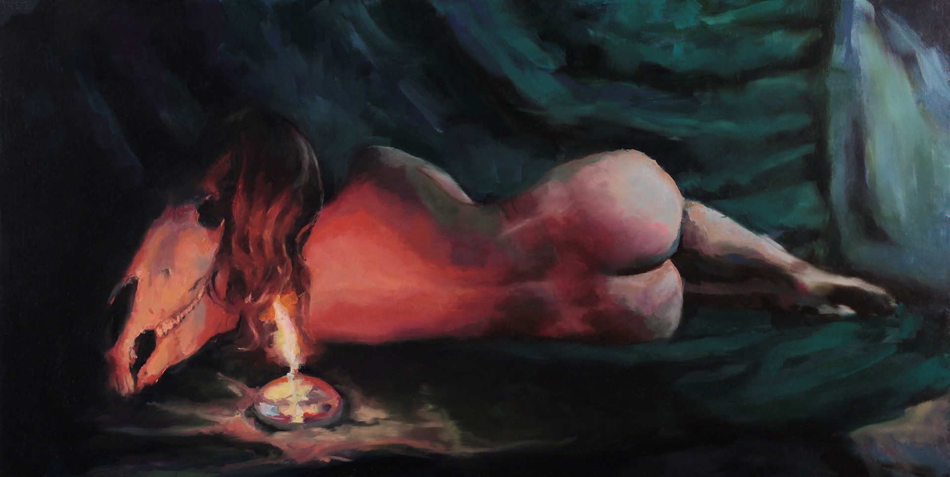 A painting of a woman laying on a bed next to a candle.