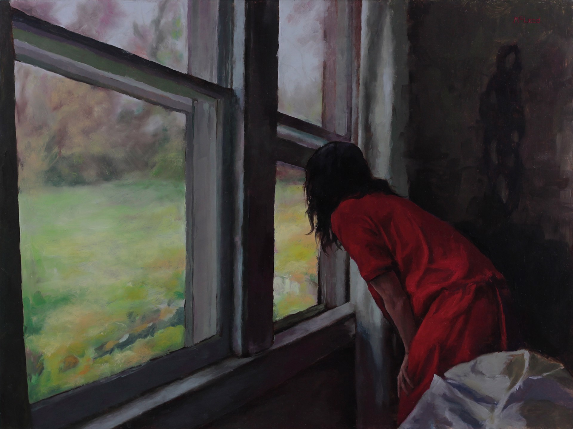A painting of a woman looking out a window.