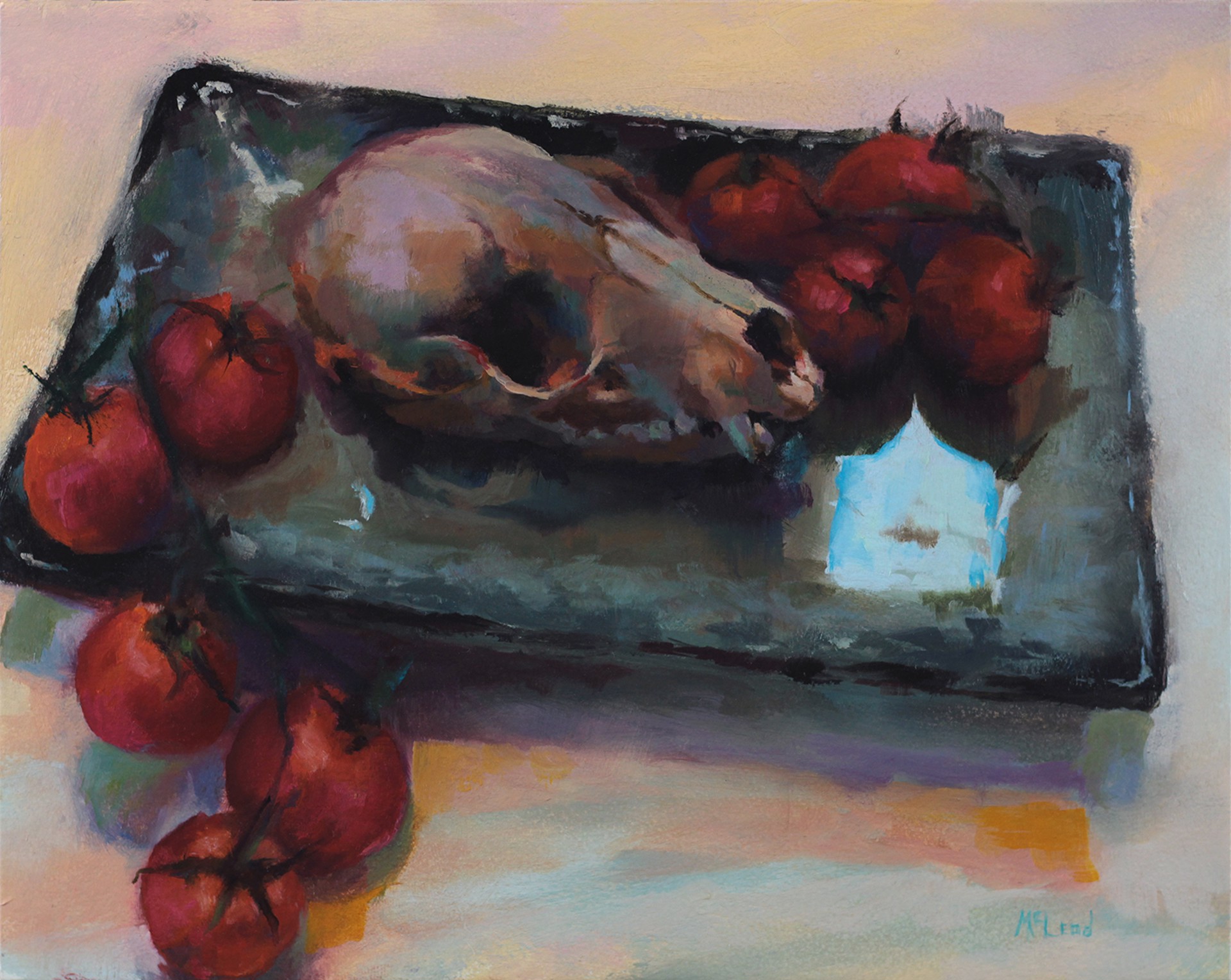 A painting of a skull and tomatoes on a plate.