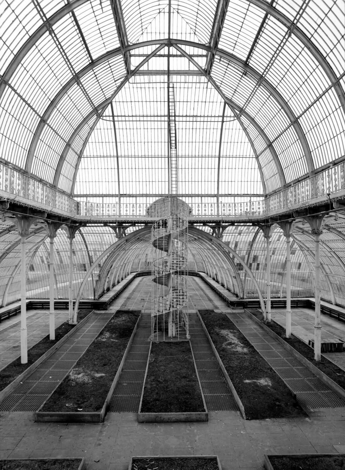 A black and white photo of a greenhouse with a spiral staircase.