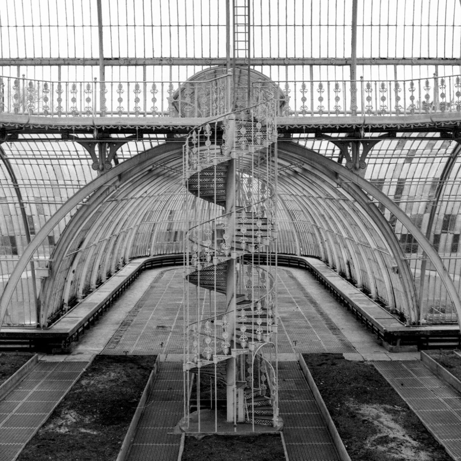 A black and white photo of a greenhouse with a spiral staircase.
