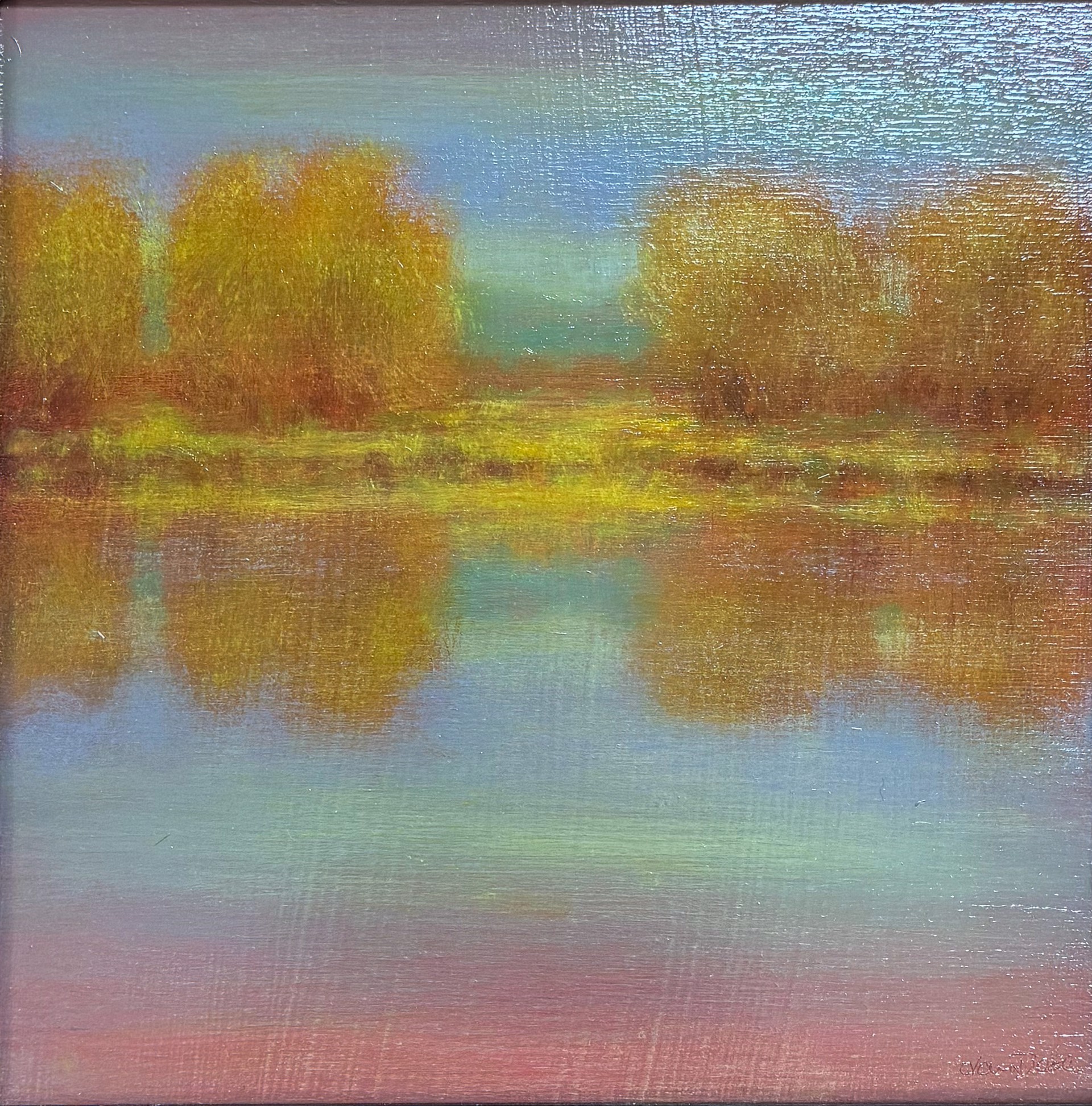 A painting of a lake with trees reflected in the water.