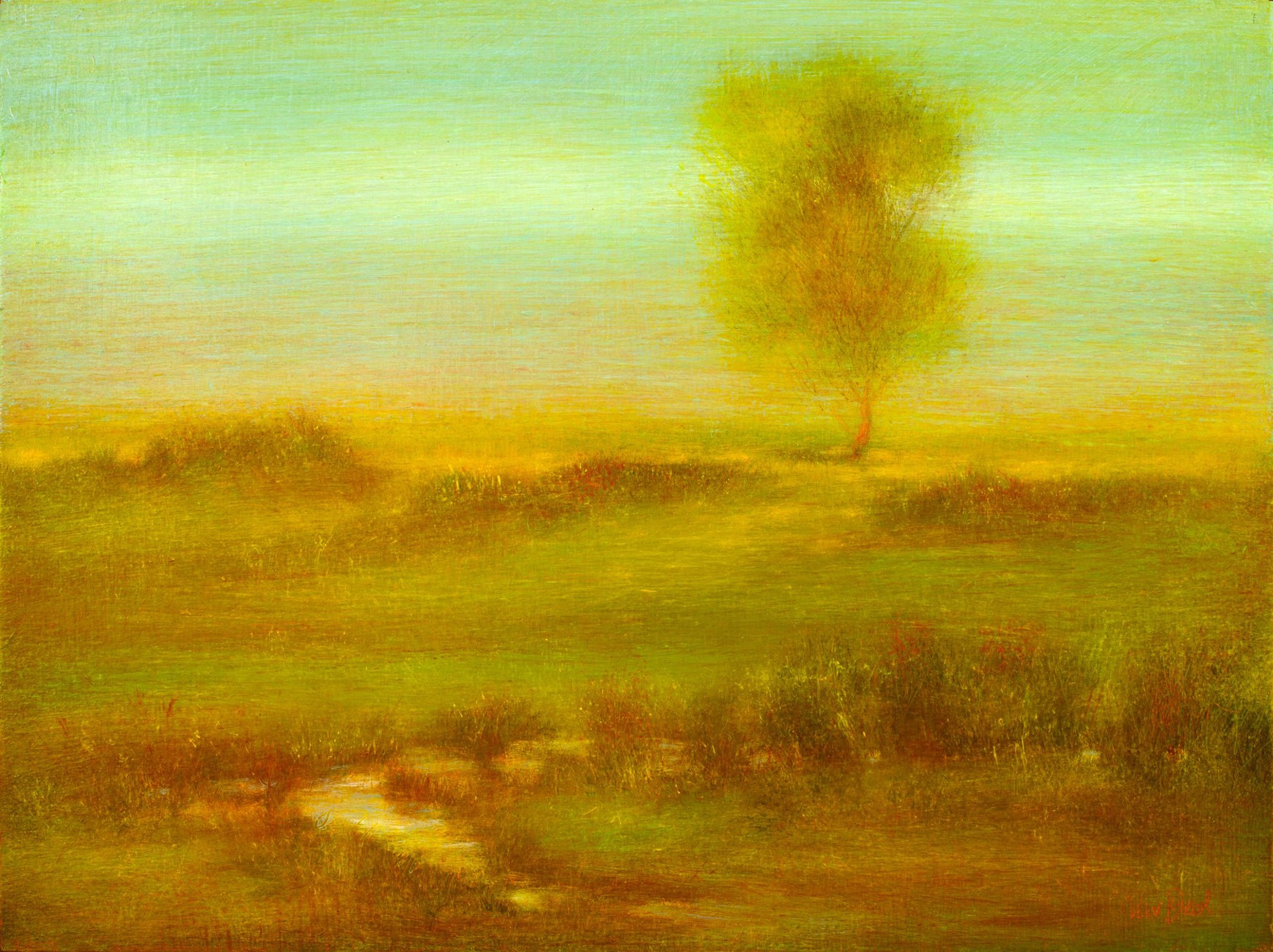A painting of a lone tree in the middle of a field.