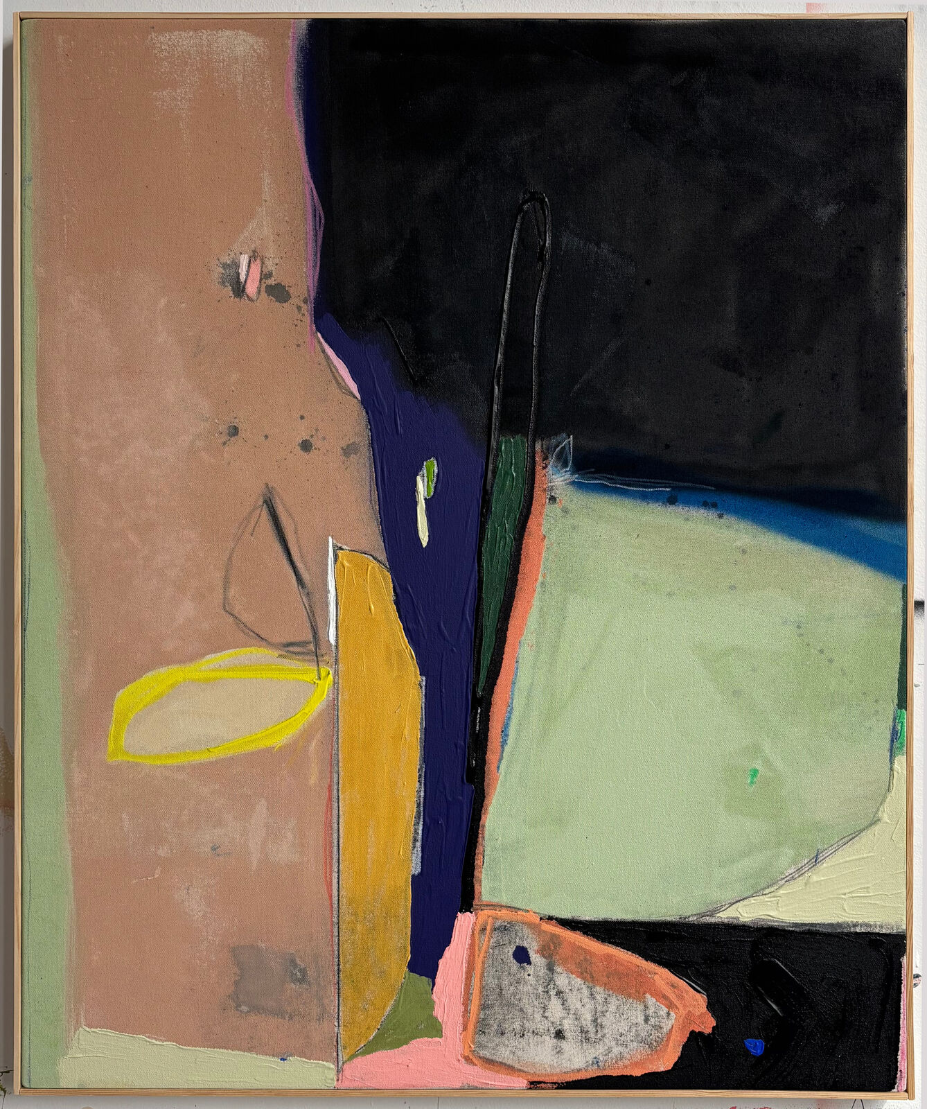 An abstract composition featuring a fragmented face-like figure against a dark background.