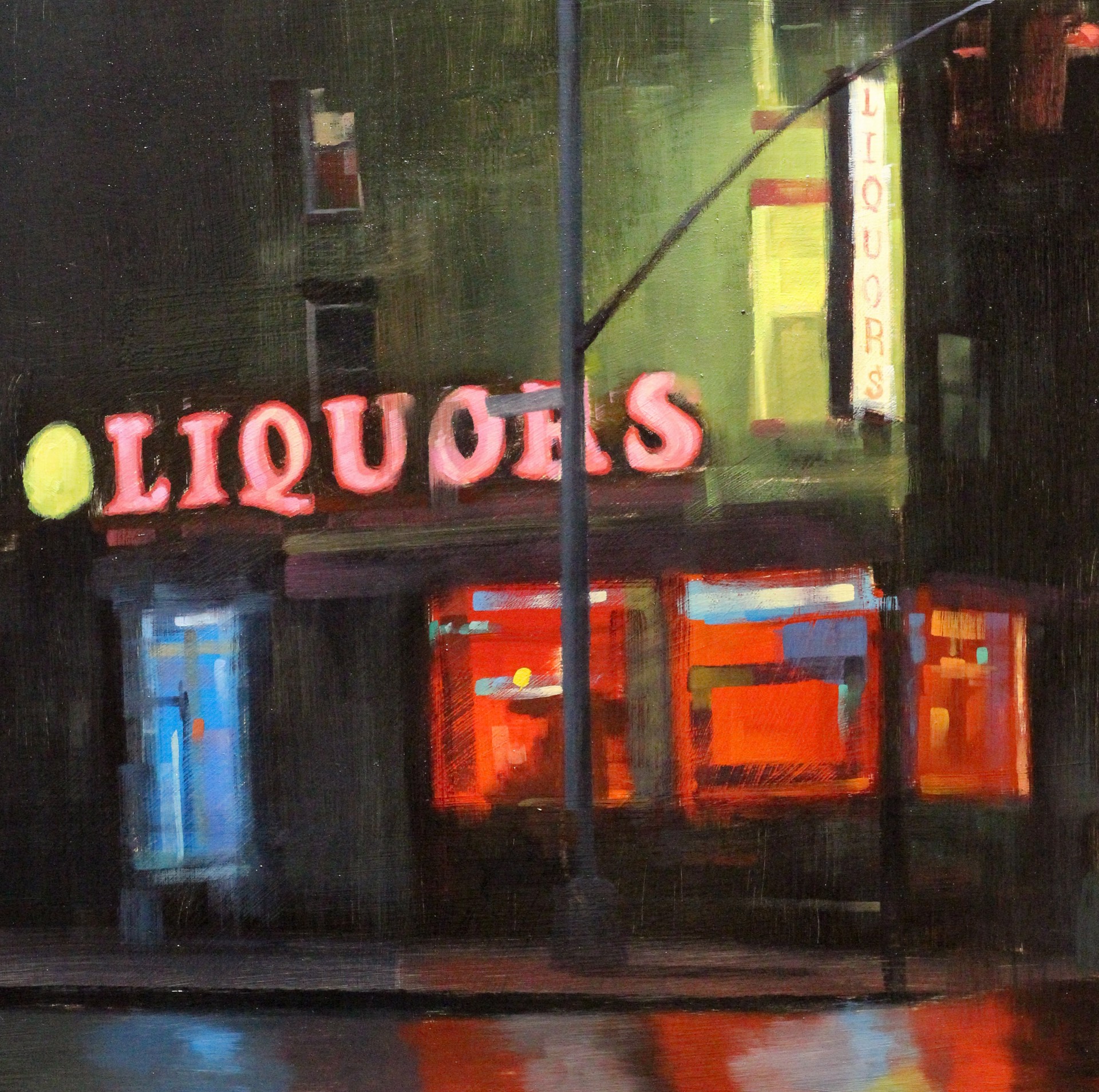 A painting of a liquor store at night on a city street.