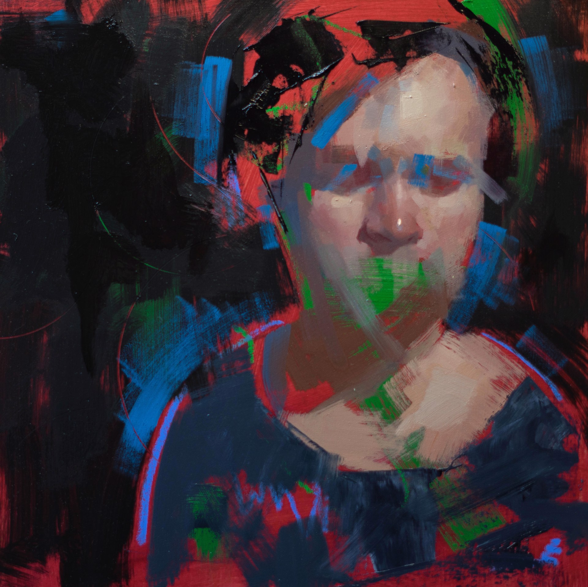 A vibrant, abstract portrait of a person rendered in bold, expressive brushstrokes.
