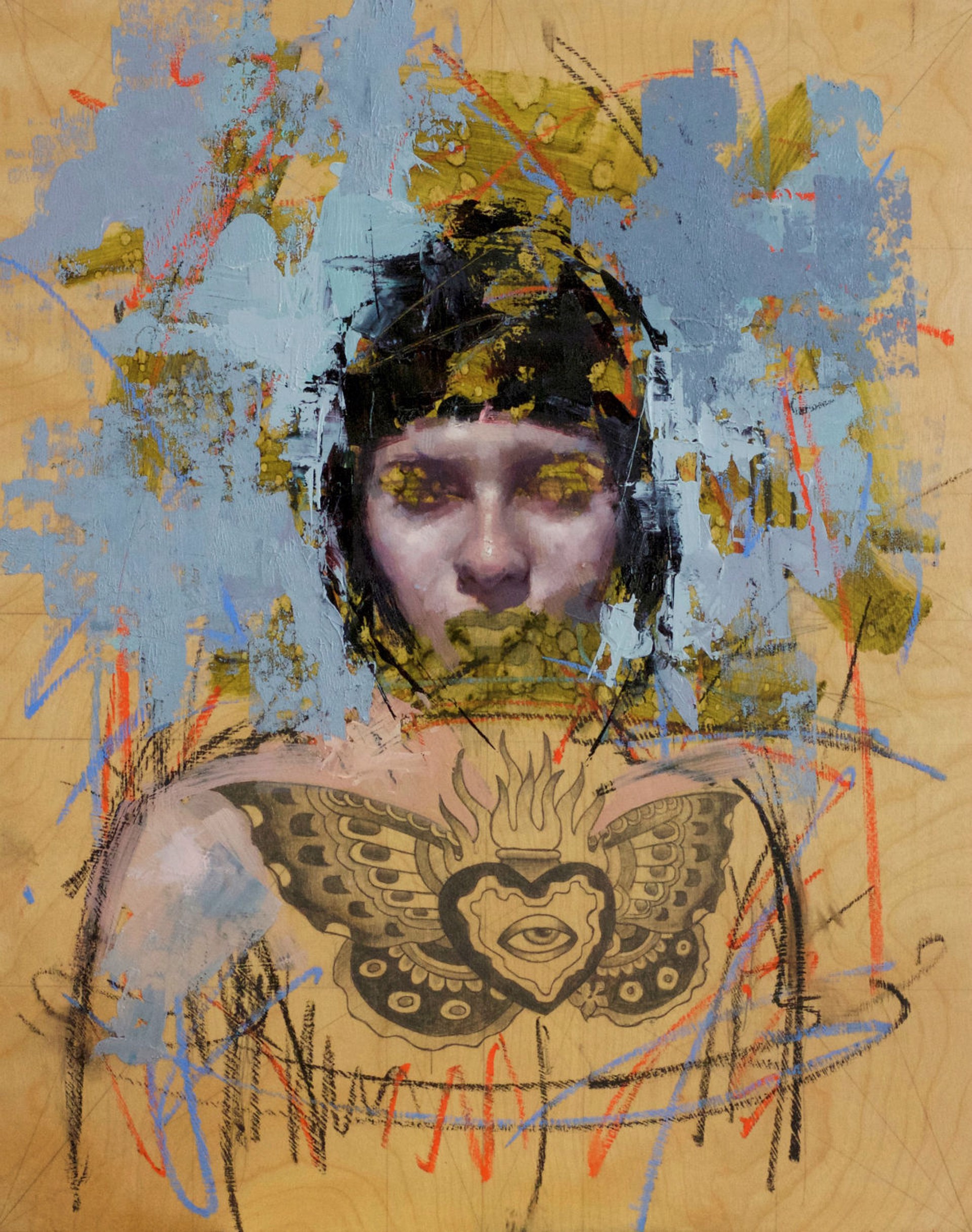 A painting of a woman with a butterfly on her chest.