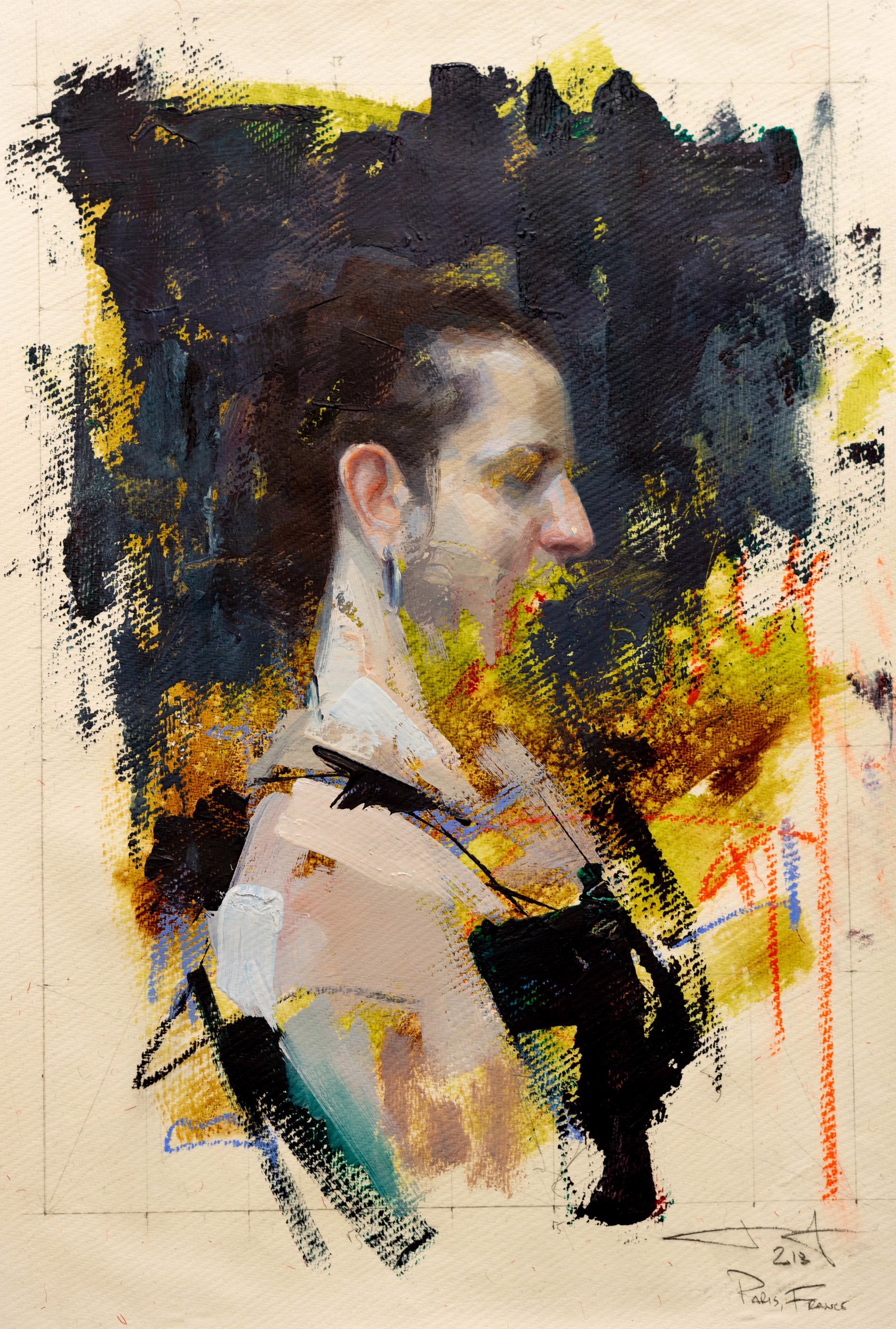 A painting of a man with a camera in his hand.