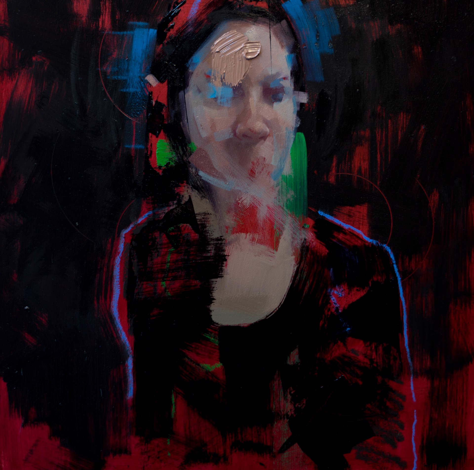 A portrait of a person with a face painted in light tones against a dark, abstract background.